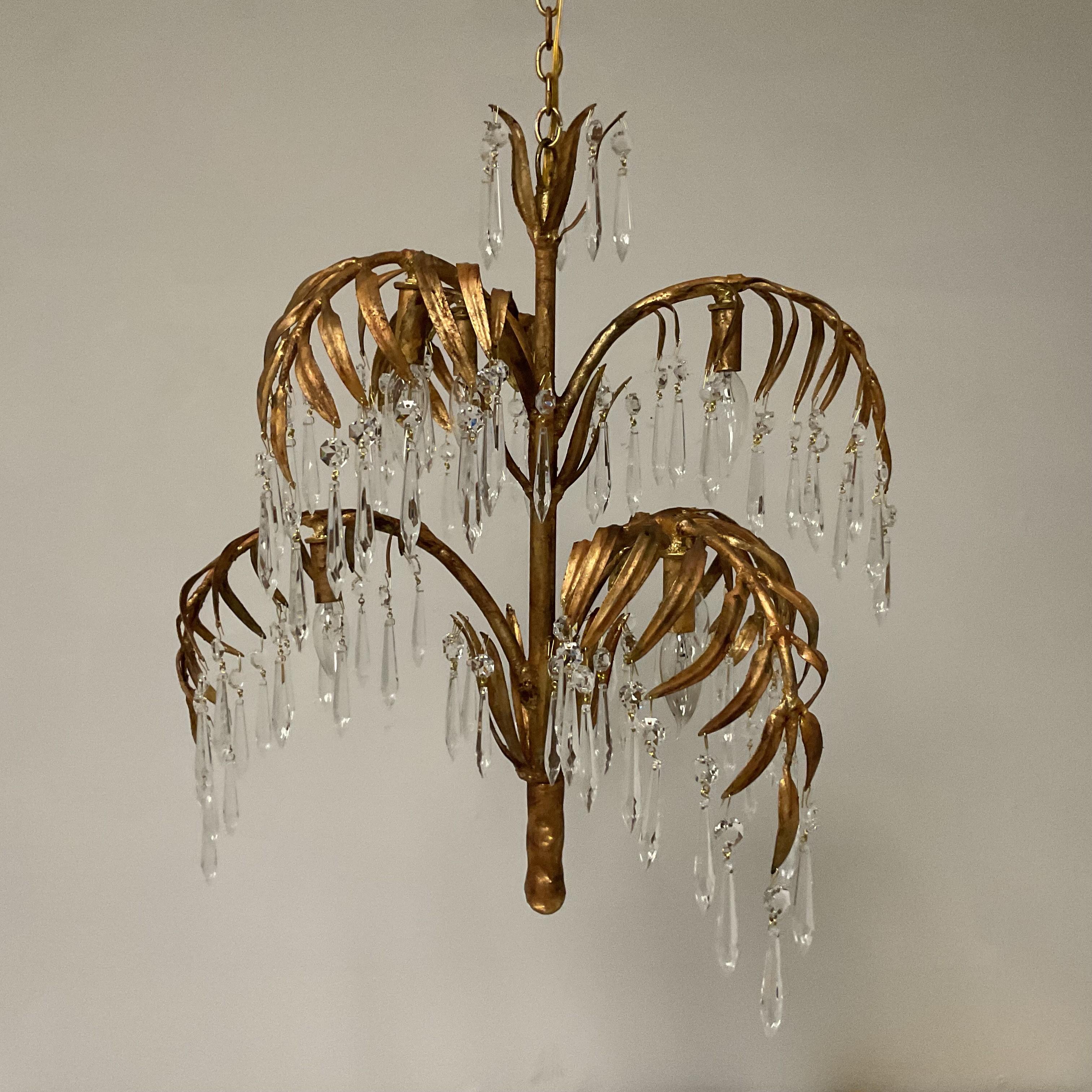 Vintage Gold Leaf Italian Palm Chandelier with Lead Crystals For Sale 7