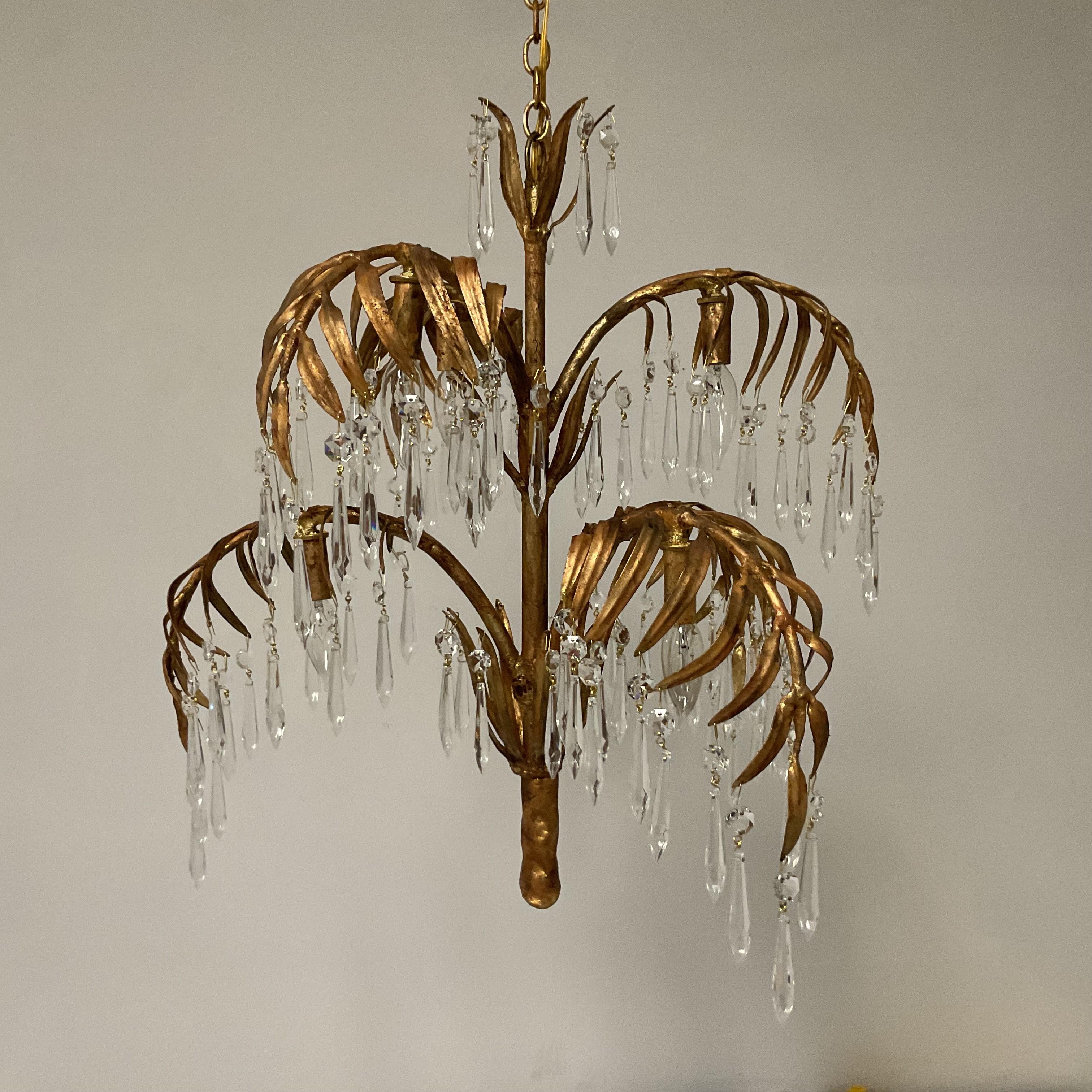 Vintage Gold Leaf Italian Palm Chandelier with Lead Crystals For Sale 8