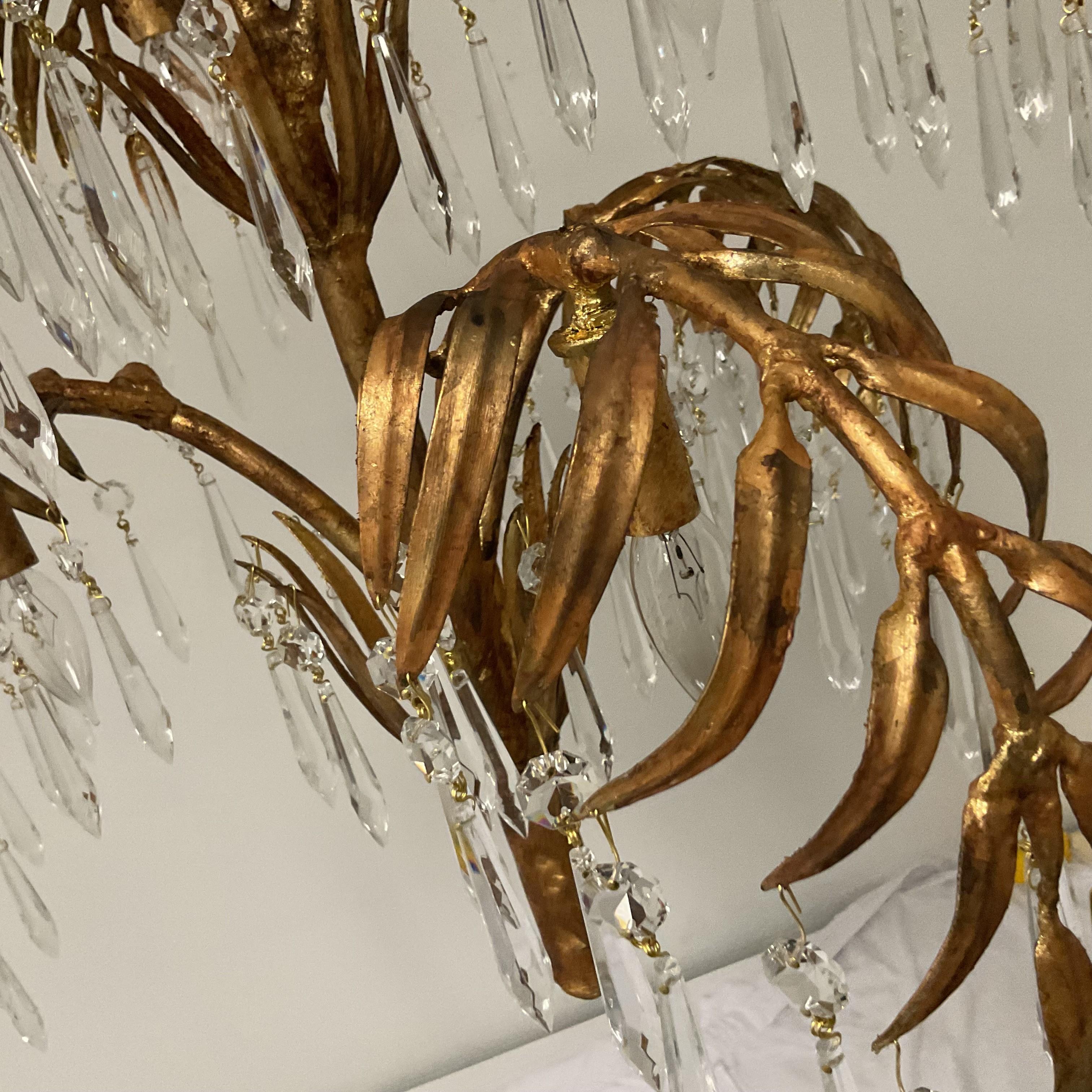 Vintage Gold Leaf Italian Palm Chandelier with Lead Crystals For Sale 9