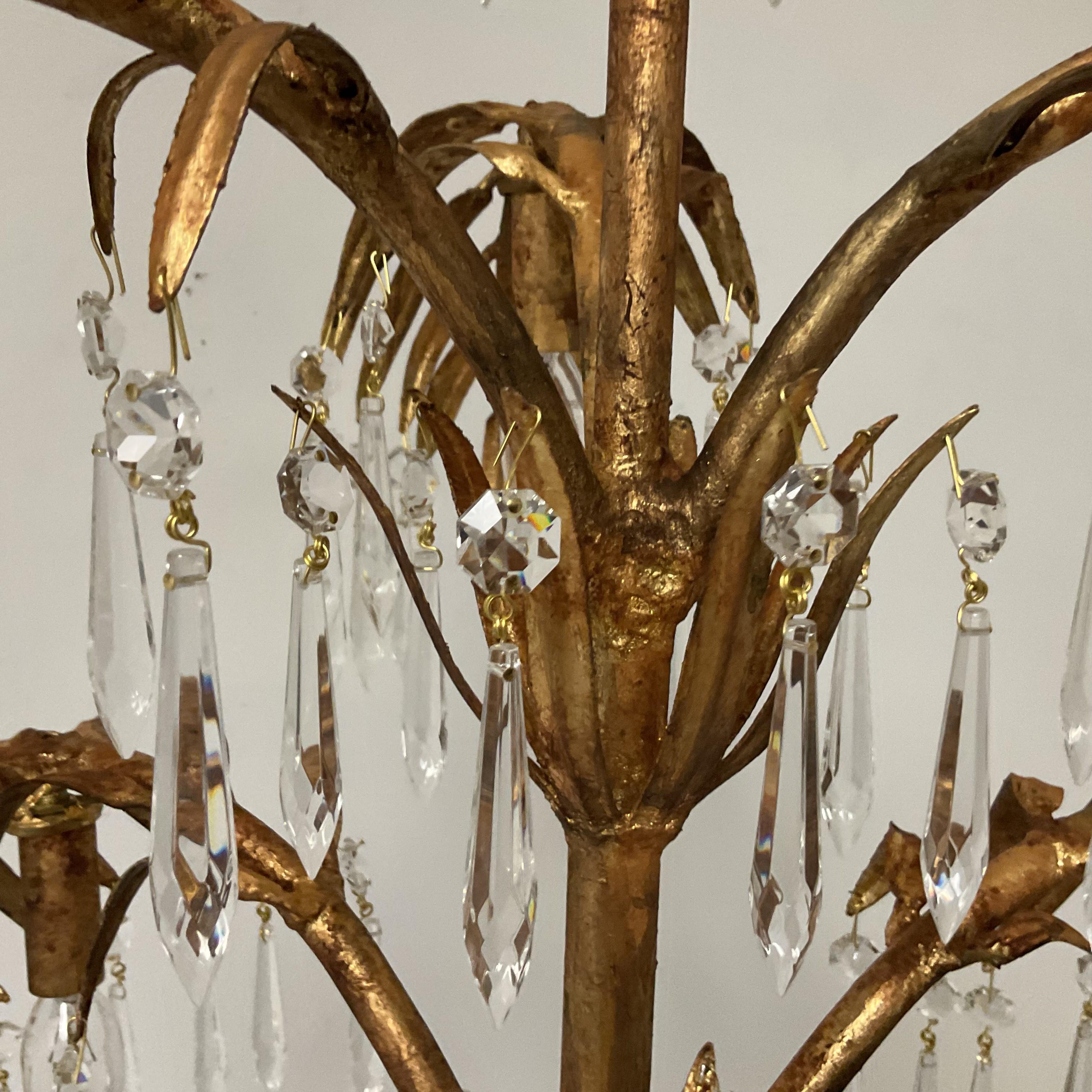 Vintage Gold Leaf Italian Palm Chandelier with Lead Crystals For Sale 10