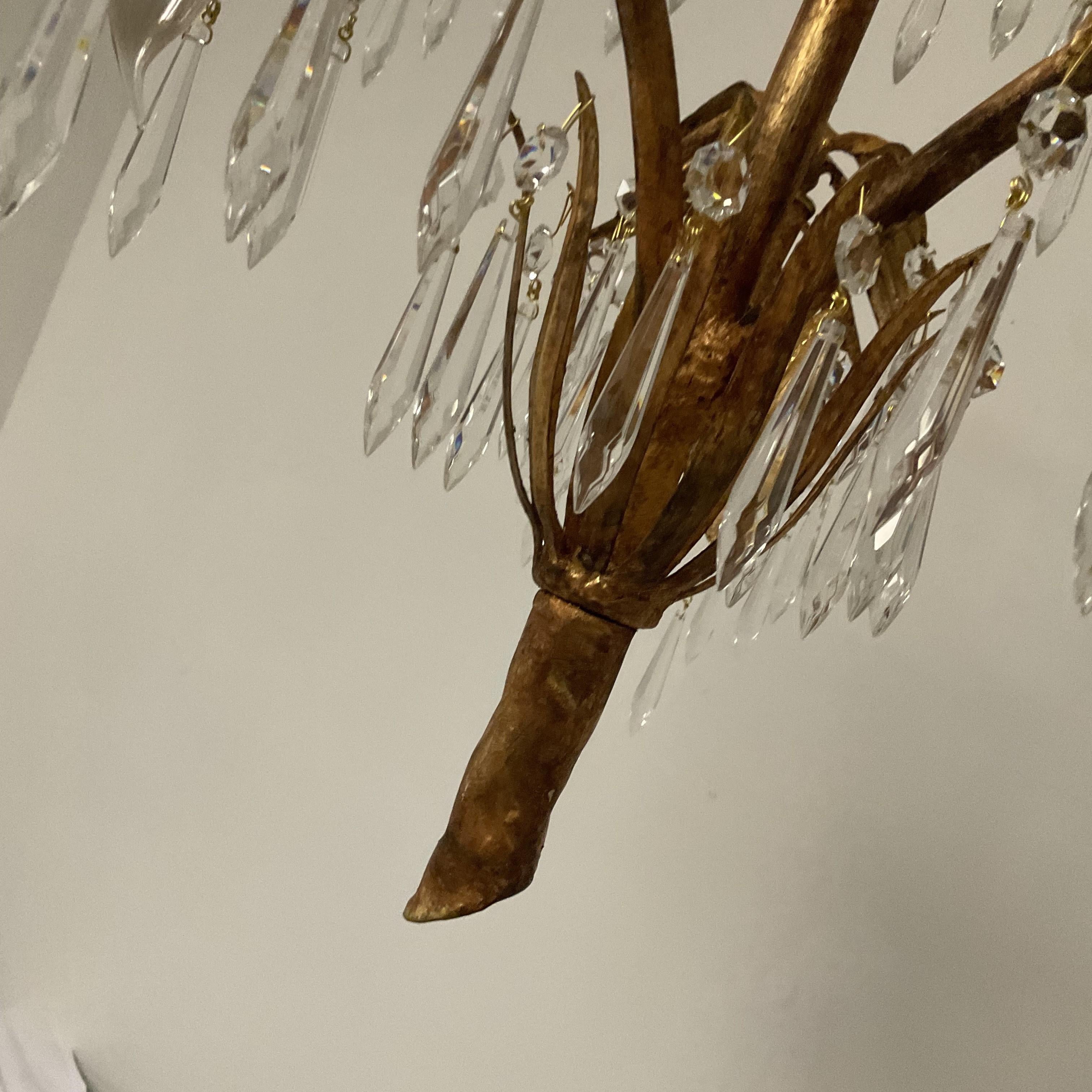 Vintage Gold Leaf Italian Palm Chandelier with Lead Crystals For Sale 11