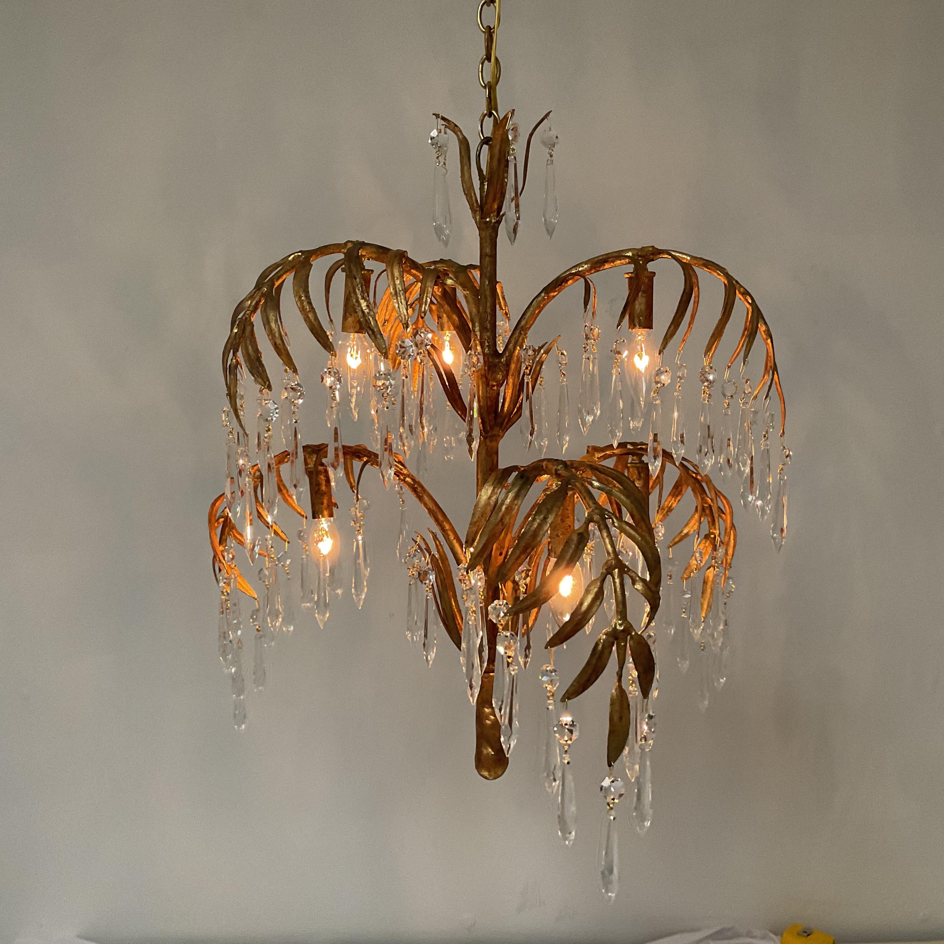 Beautiful six-light handmade Italian Gold Leafed France with Lead Crystal Pendant. All new American wires and sockets matching chain and ceiling canopy. Ready to install with all mounting parts. Extremely elegant. Gorgeous finish.