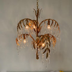 Vintage Gold Leaf Italian Palm Chandelier with Lead Crystals