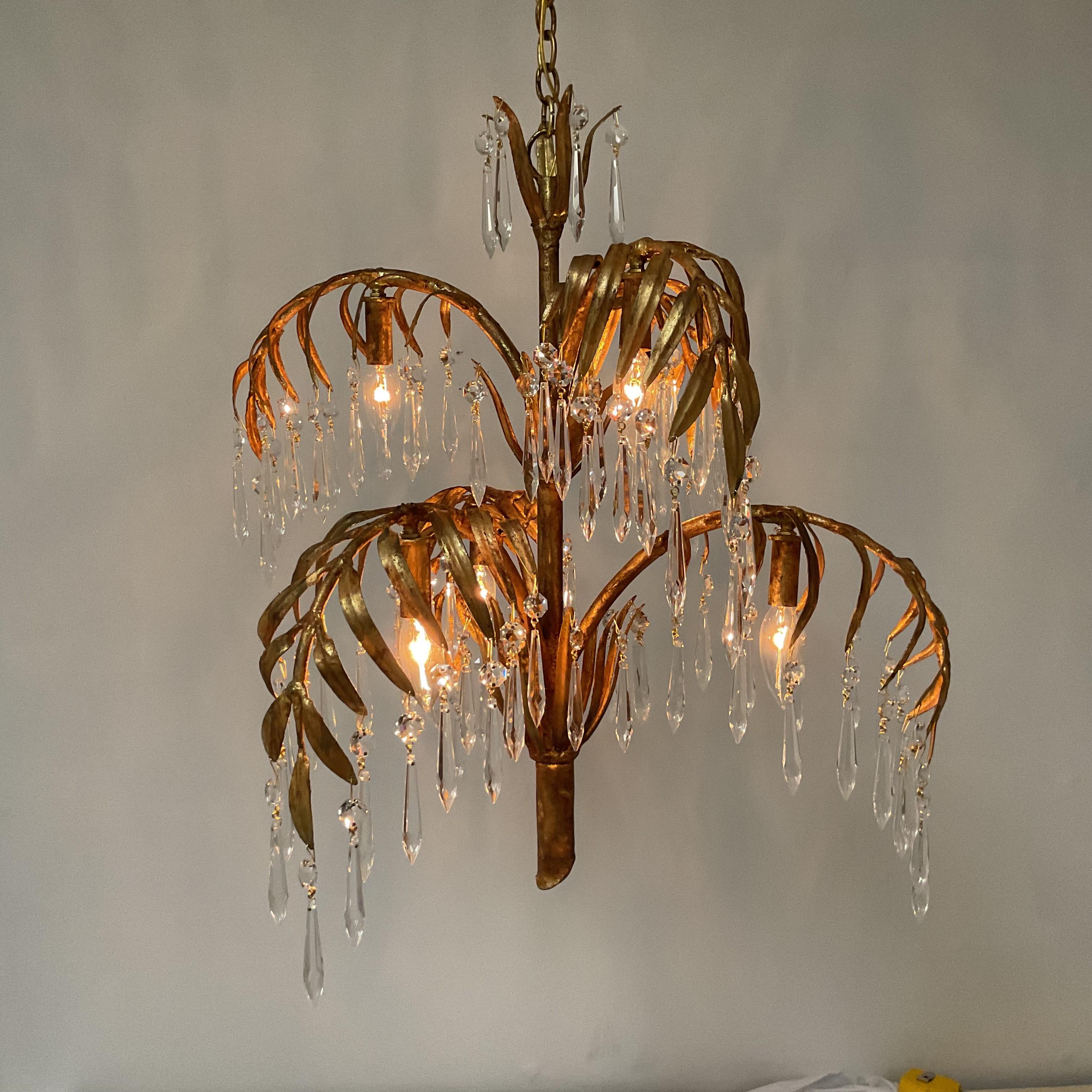 Vintage Gold Leaf Italian Palm Chandelier with Lead Crystals In Good Condition For Sale In West Palm Beach, FL