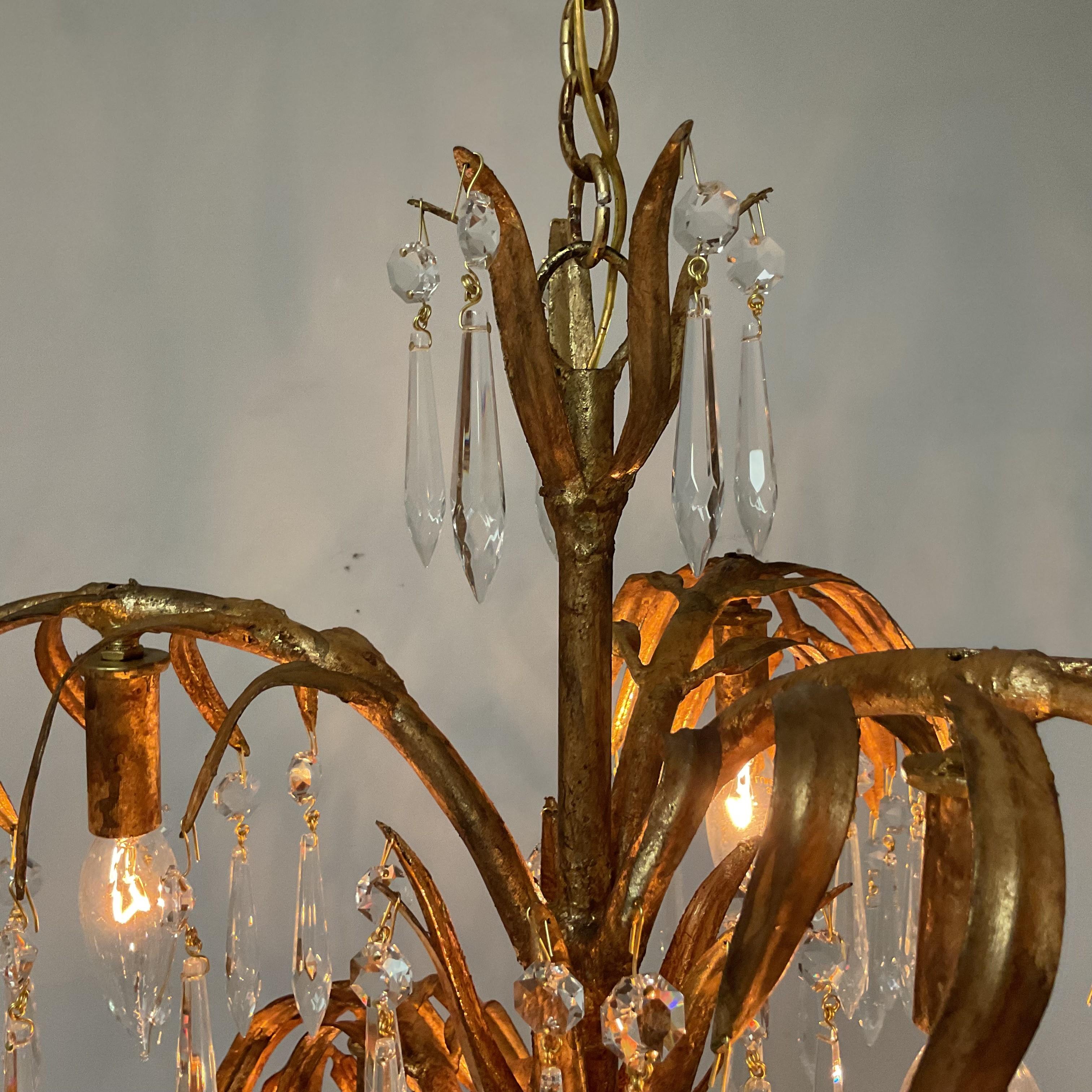 Mid-20th Century Vintage Gold Leaf Italian Palm Chandelier with Lead Crystals For Sale