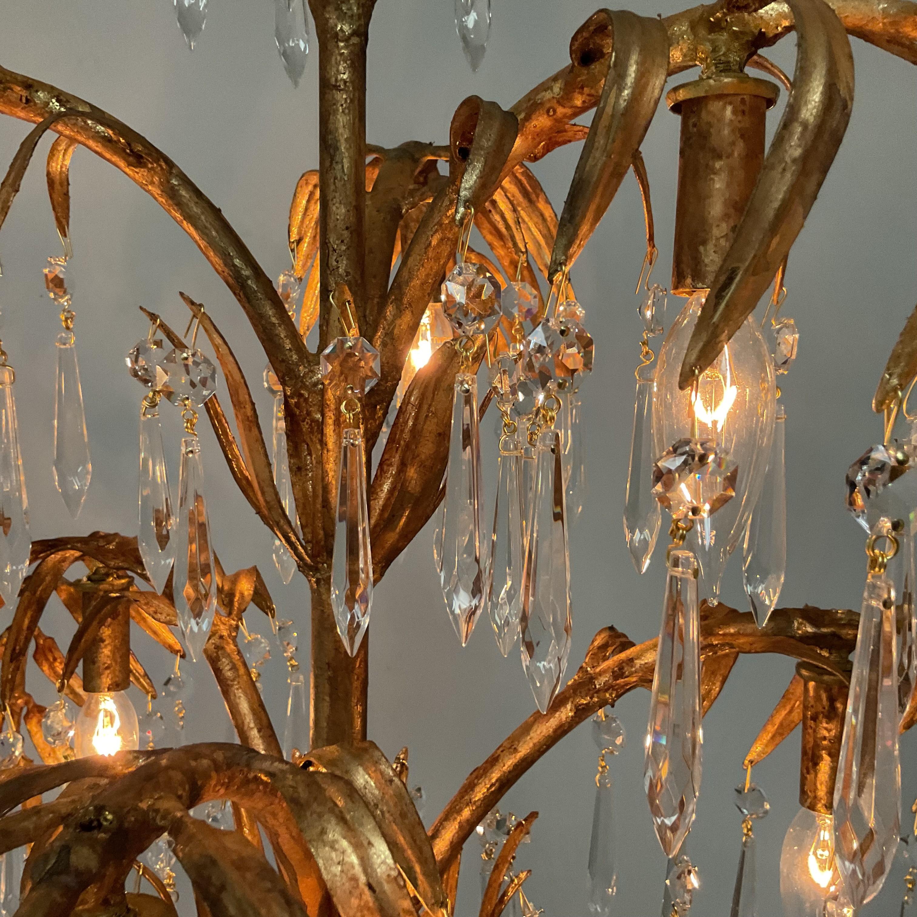 Vintage Gold Leaf Italian Palm Chandelier with Lead Crystals For Sale 1