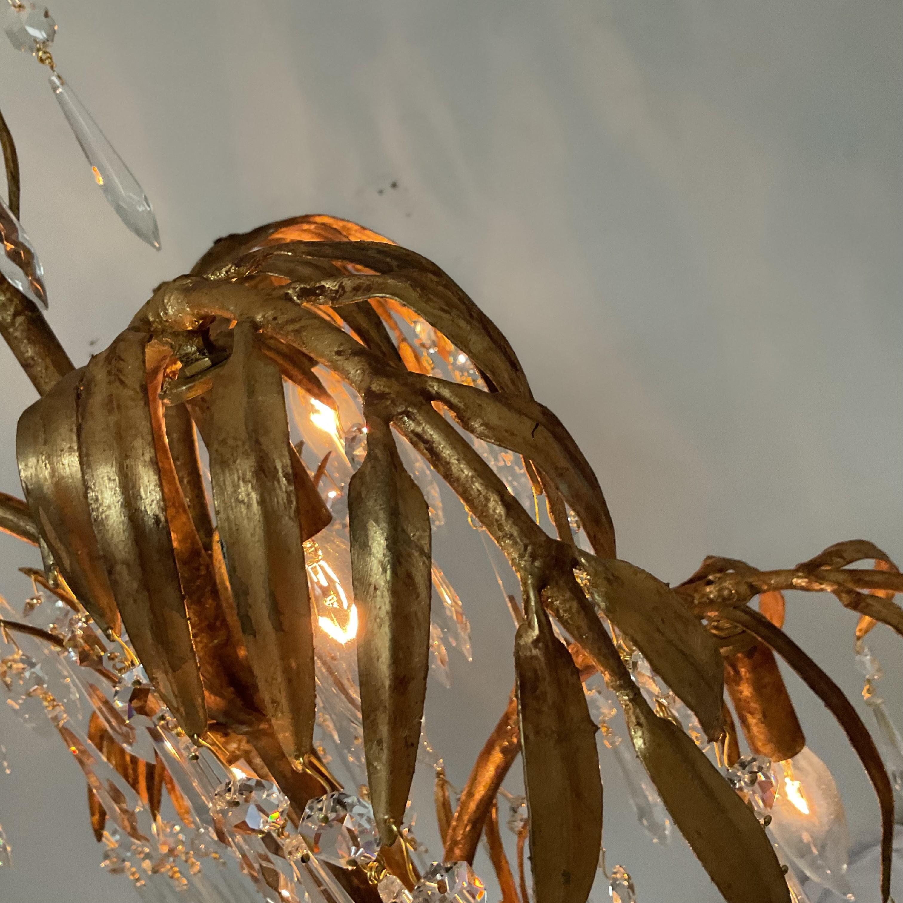 Vintage Gold Leaf Italian Palm Chandelier with Lead Crystals For Sale 2