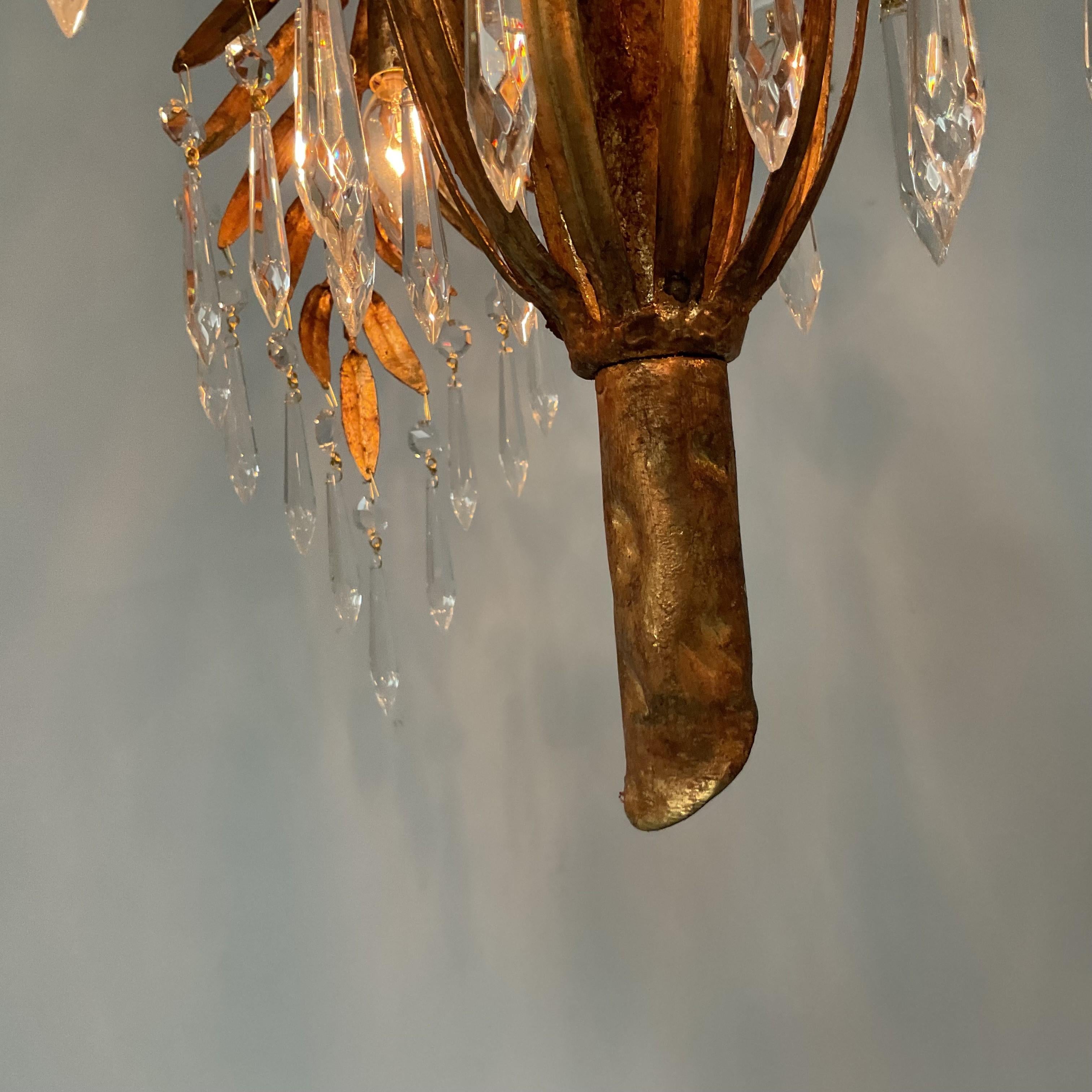 Vintage Gold Leaf Italian Palm Chandelier with Lead Crystals For Sale 3