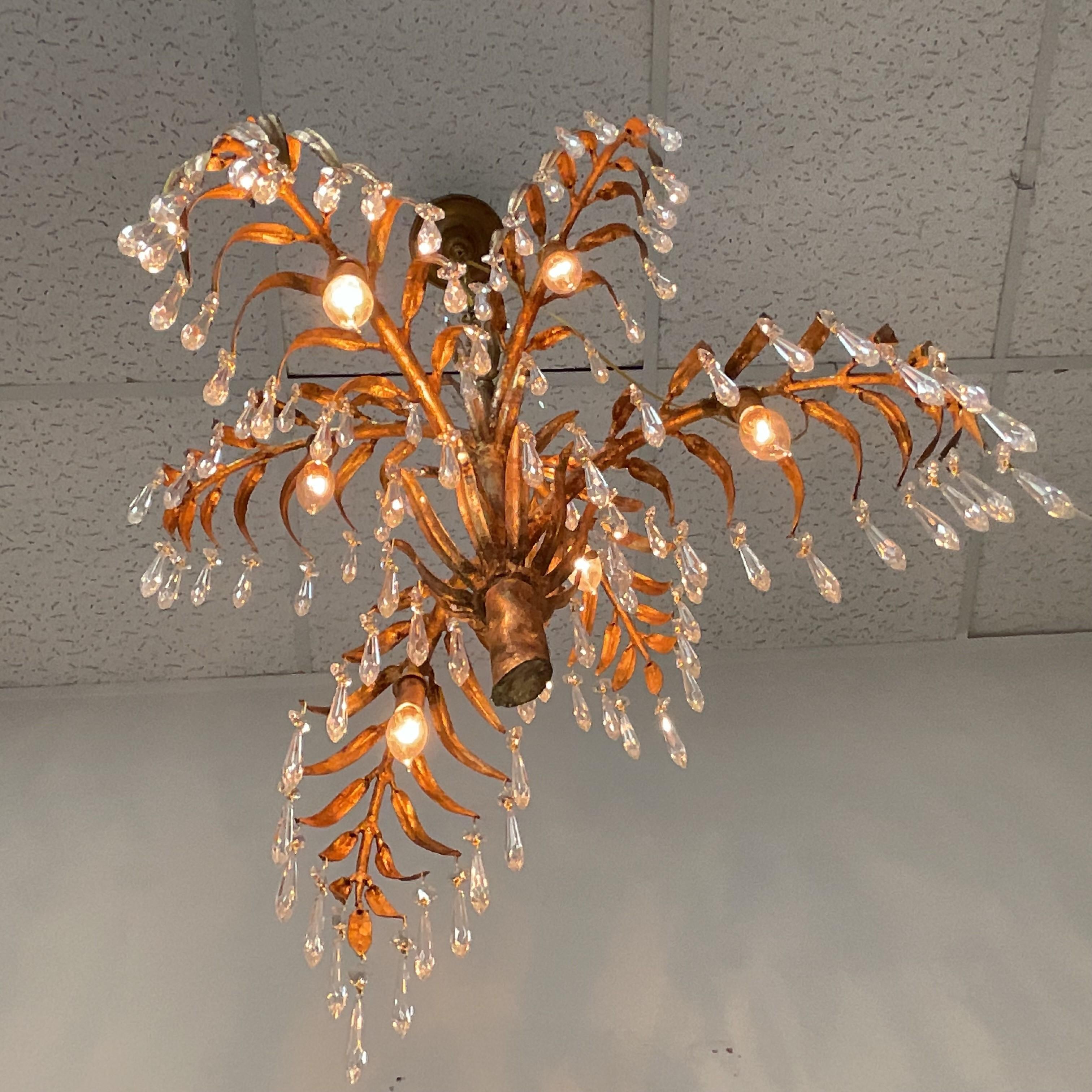 Vintage Gold Leaf Italian Palm Chandelier with Lead Crystals For Sale 4