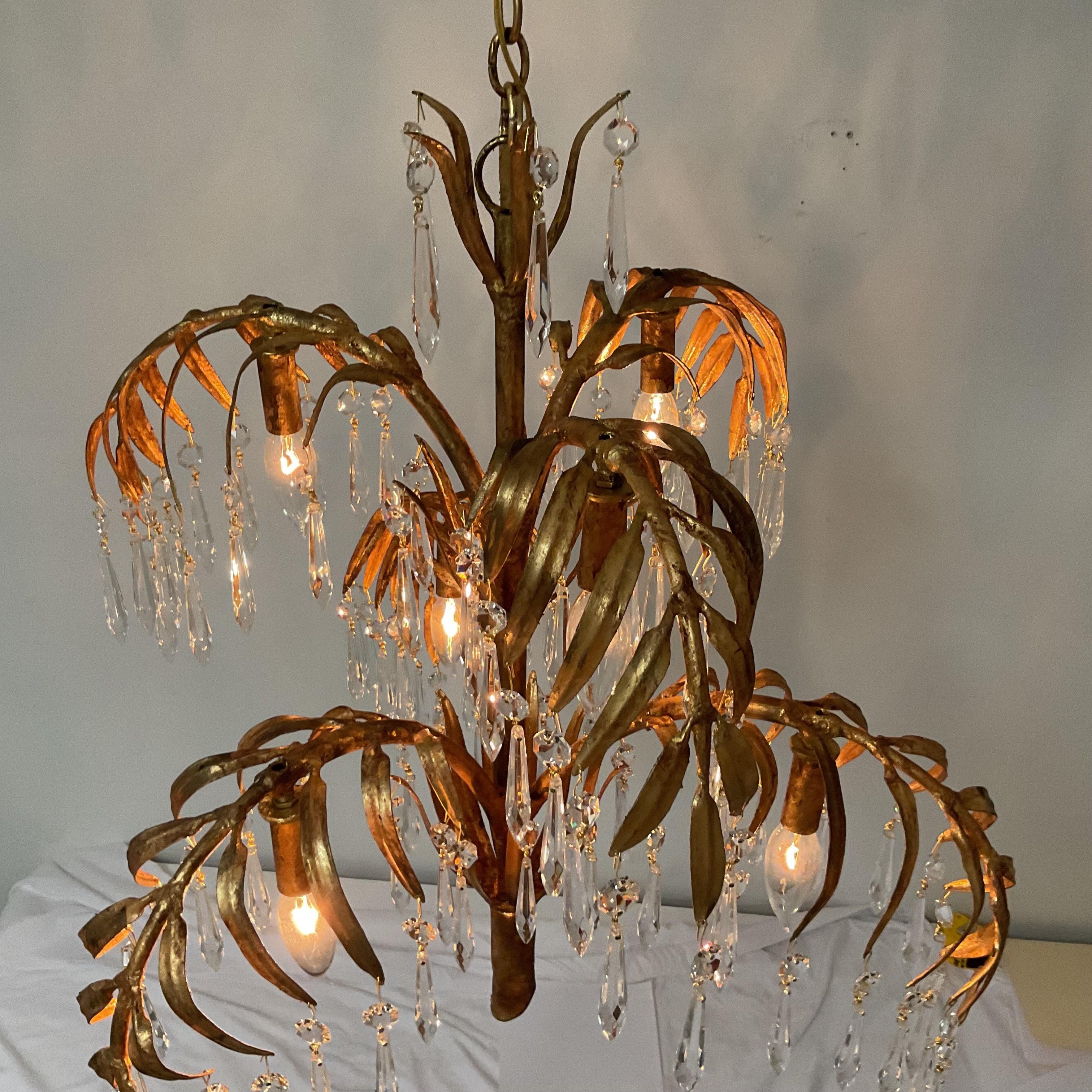 Vintage Gold Leaf Italian Palm Chandelier with Lead Crystals For Sale 5