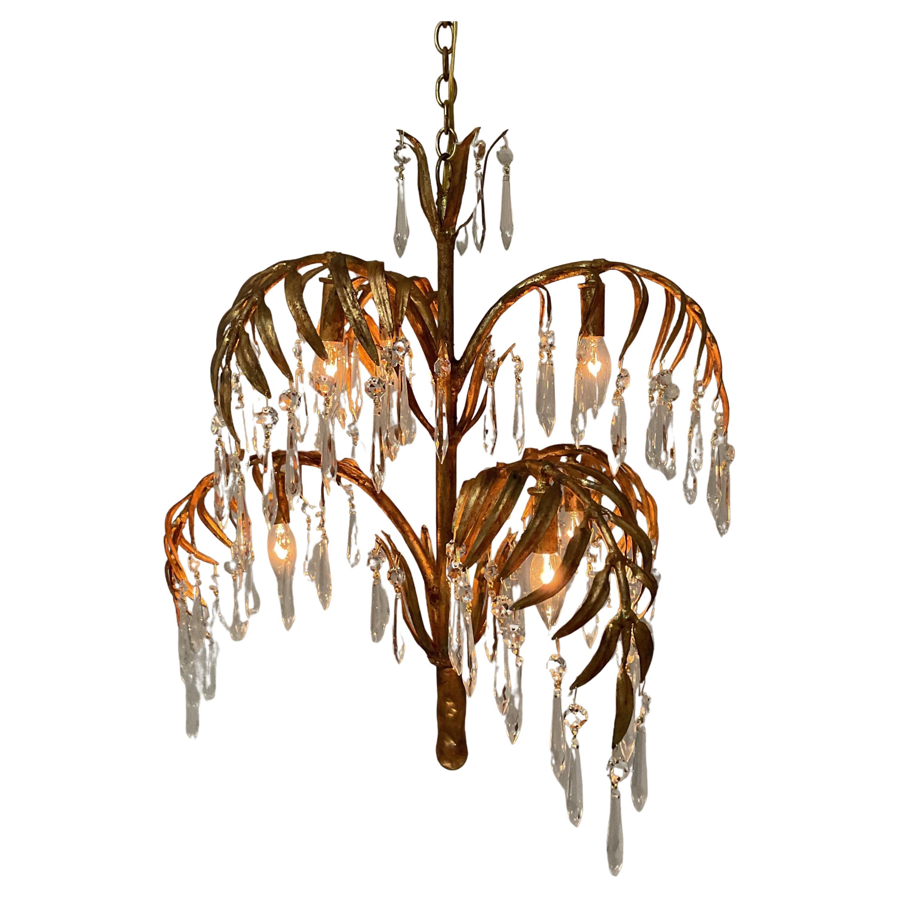 Vintage Gold Leaf Italian Palm Chandelier with Lead Crystals