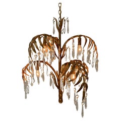 Vintage Gold Leaf Italian Palm Chandelier with Lead Crystals