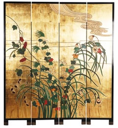 Vintage Gold Leaf Lacquer Asian-Inspired Four-Panel Folding Screen