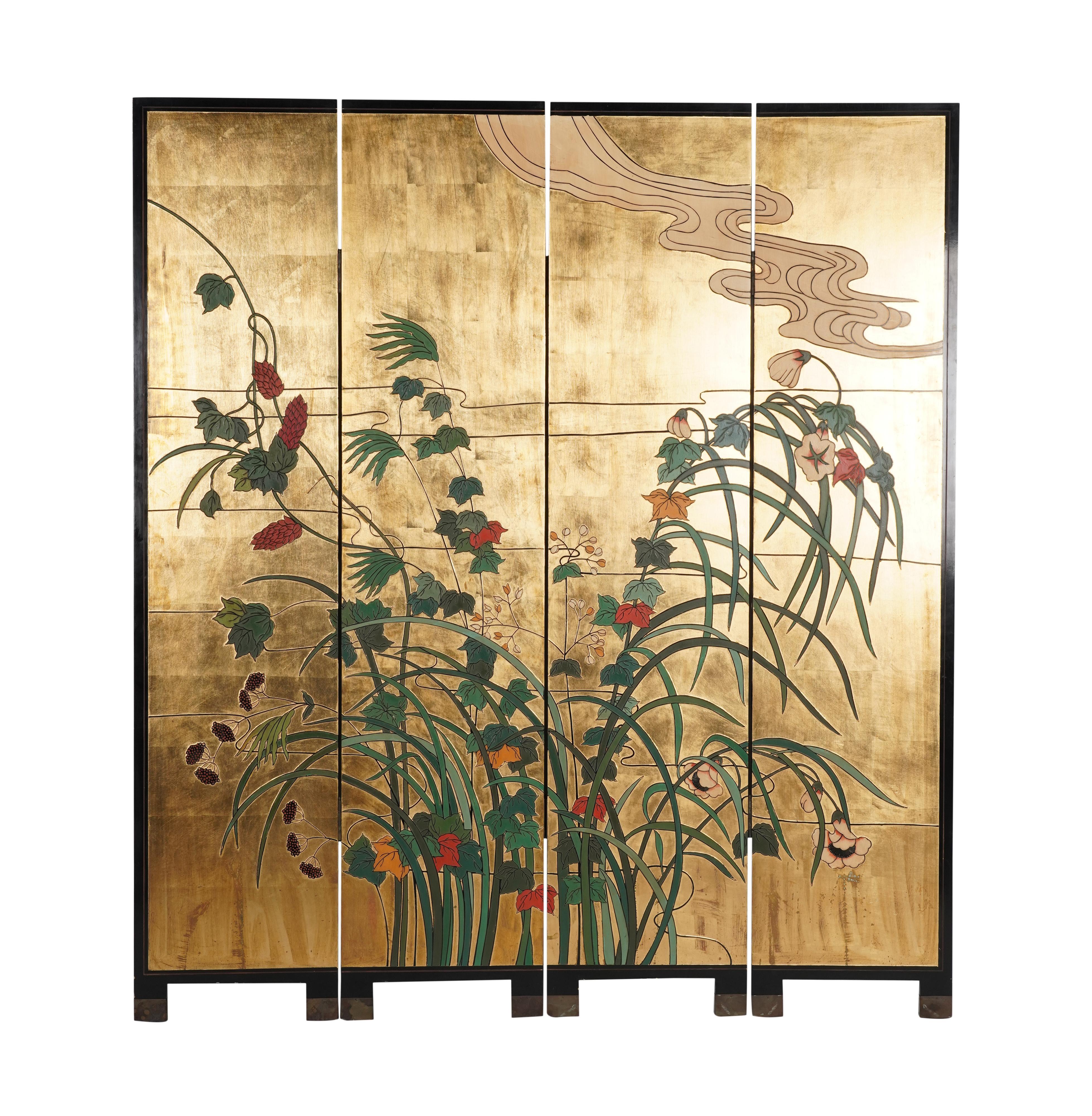 Giapponismo Paravento a quattro pannelli d'ispirazione asiatica con lacca dorata vintage in vendita