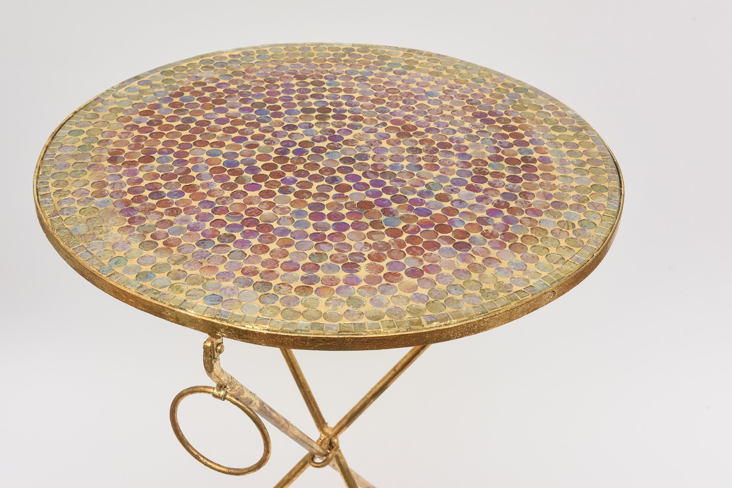 Vintage Gold Leaf Over Iron and Mosaic Glass Tripod Side or End Table With Ring  For Sale 7