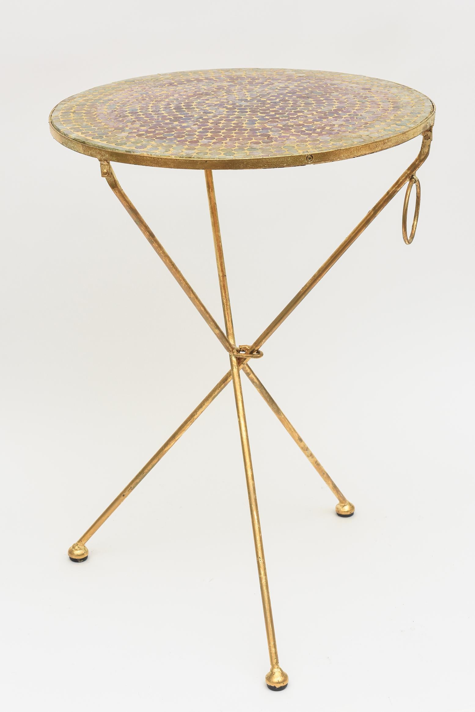 Vintage Gold Leaf Over Iron and Mosaic Glass Tripod Side or End Table With Ring  For Sale 8
