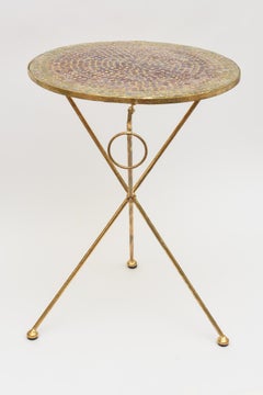 Vintage Gold Leaf Over Iron and Mosaic Glass Tripod Side or End Table With Ring