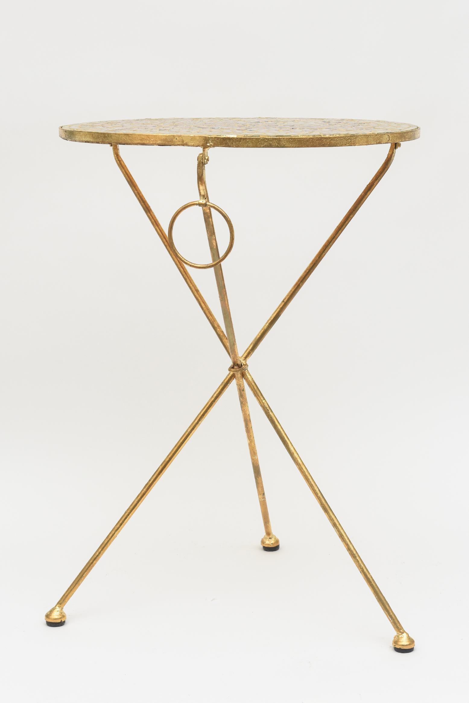 Modern Vintage Gold Leaf Over Iron and Mosaic Glass Tripod Side or End Table With Ring  For Sale
