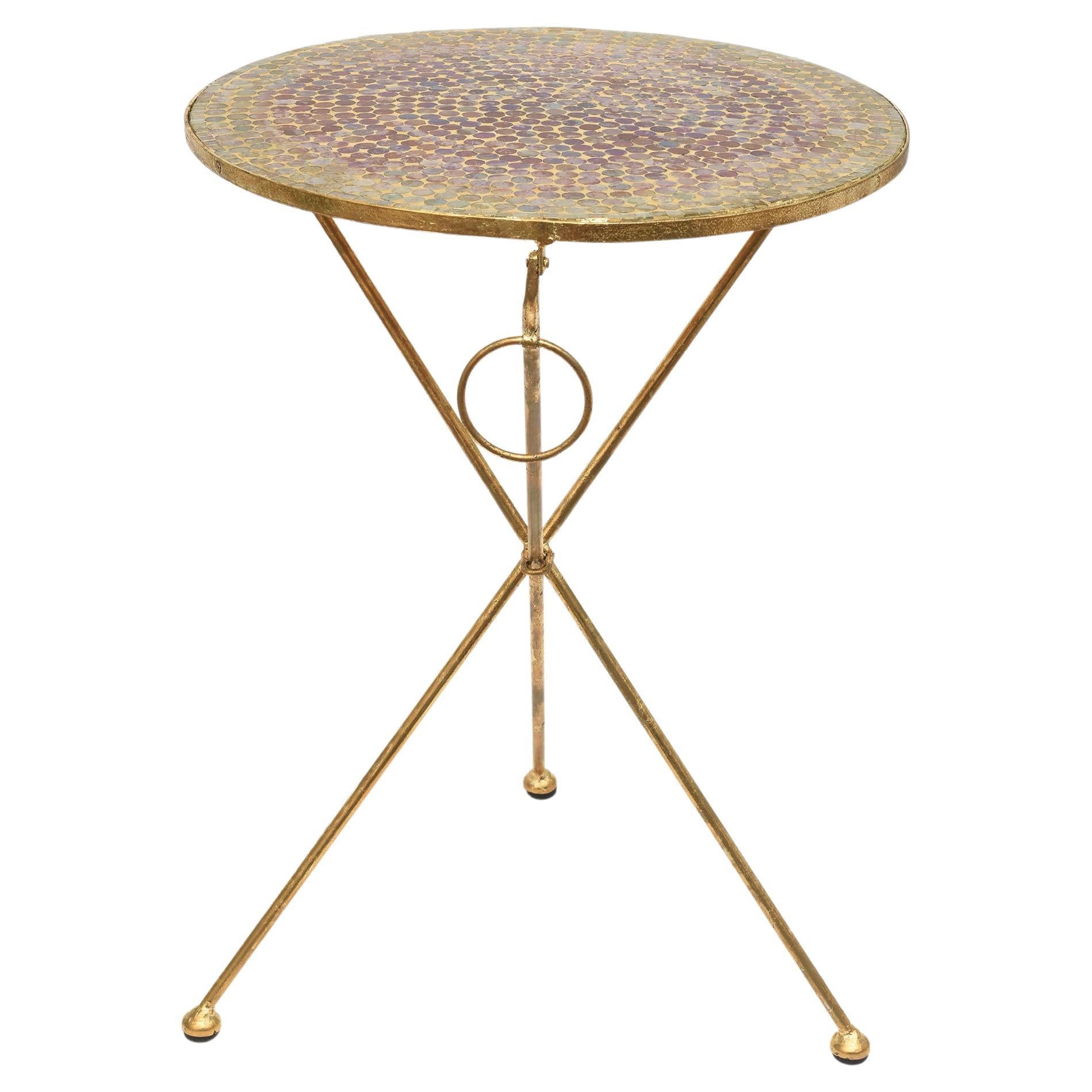 Vintage Gold Leaf Over Iron and Mosaic Glass Tripod Side or End Table With Ring  For Sale