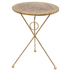 Vintage Gold Leaf Over Iron and Mosaic Glass Tripod Side or End Table With Ring 
