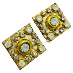 Vintage gold leather rhinestone designer runway clip on earrings
