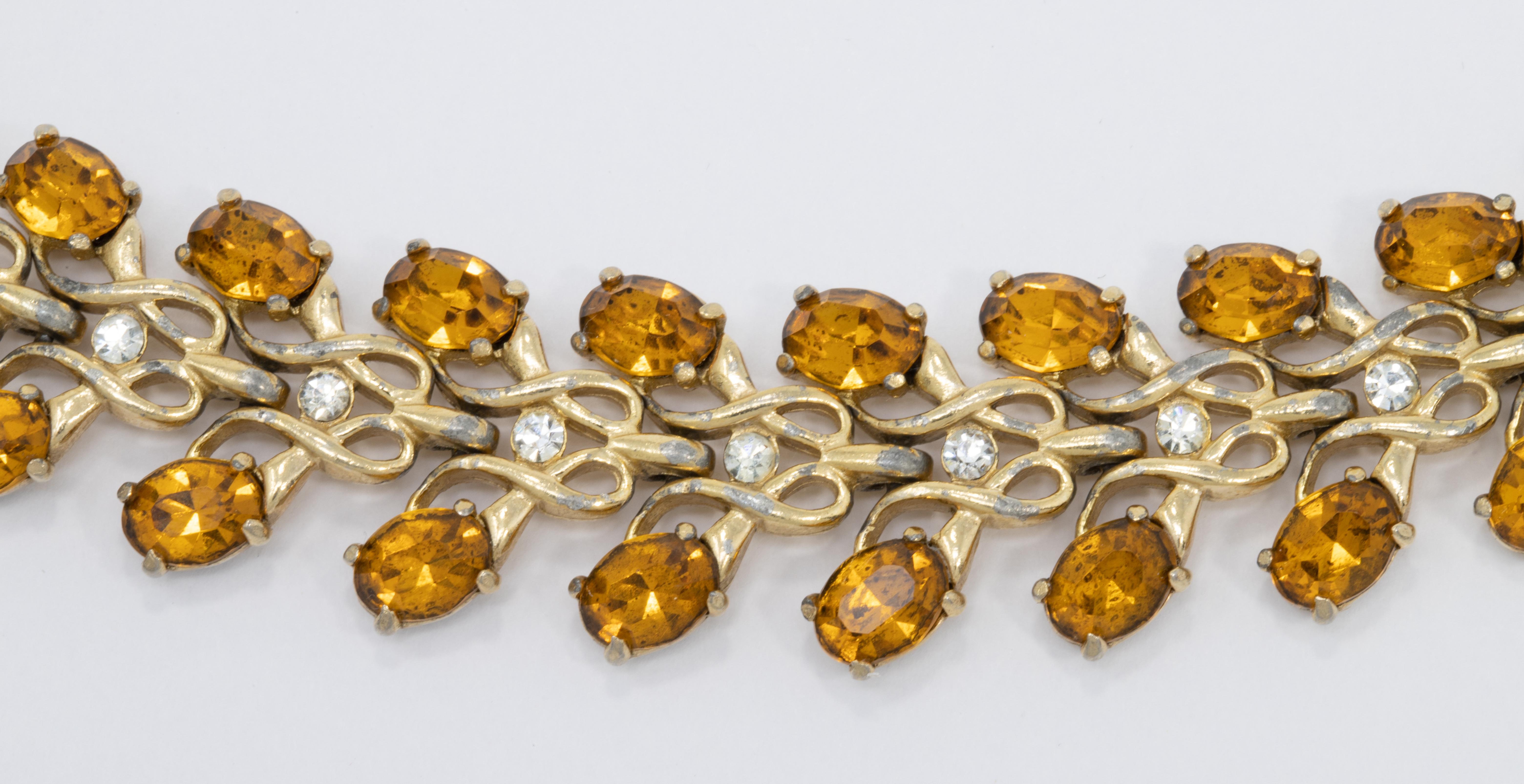 Retro Vintage Gold Link Bracelet, Amber & Clear Crystals  For Sale