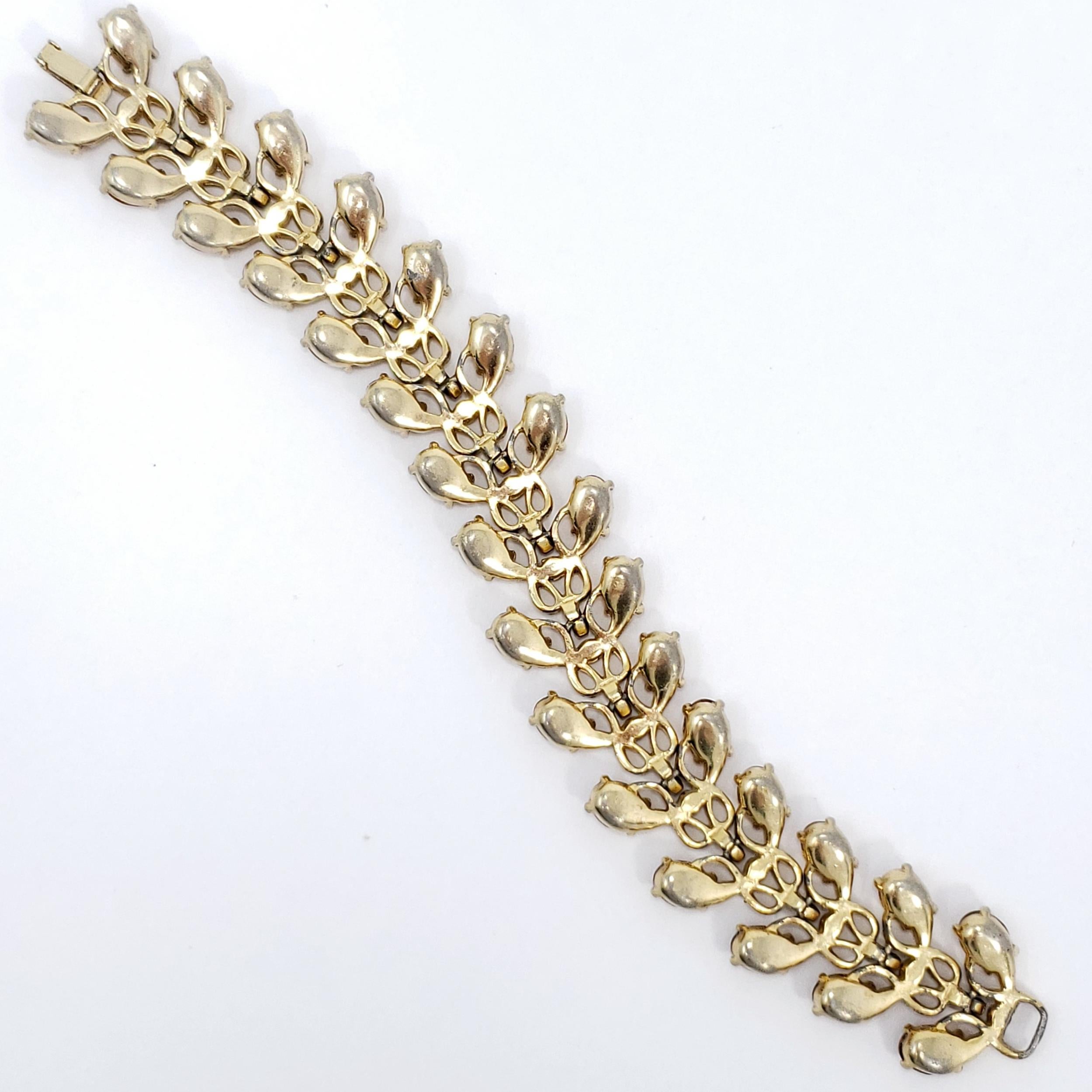 Vintage Gold Link Bracelet, Amber & Clear Crystals In Good Condition In Milford, DE