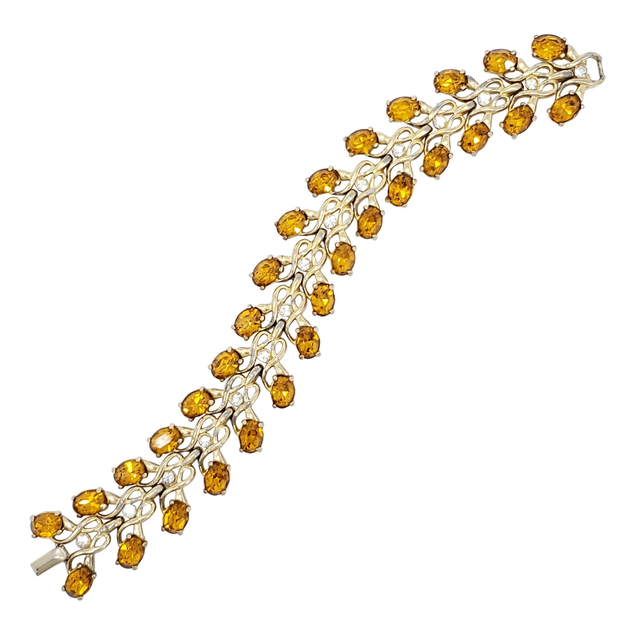 Vintage Gold Link Bracelet, Amber & Clear Crystals 