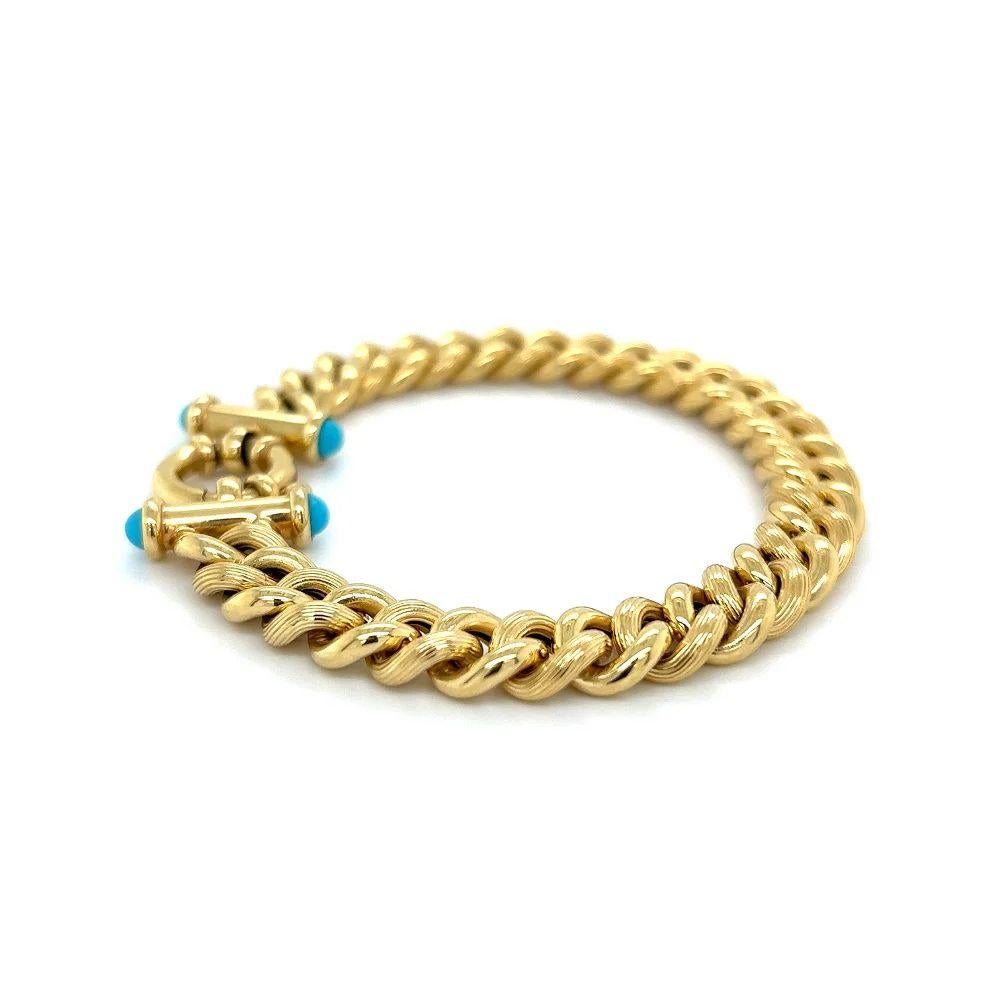 Vintage Gold Link Cabochon Turquoise Toggle Clasp Bracelet In Excellent Condition For Sale In Montreal, QC