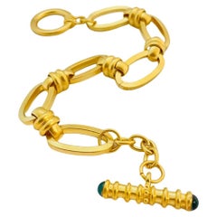 Vintage gold link chain emerald glass toggle bracelet