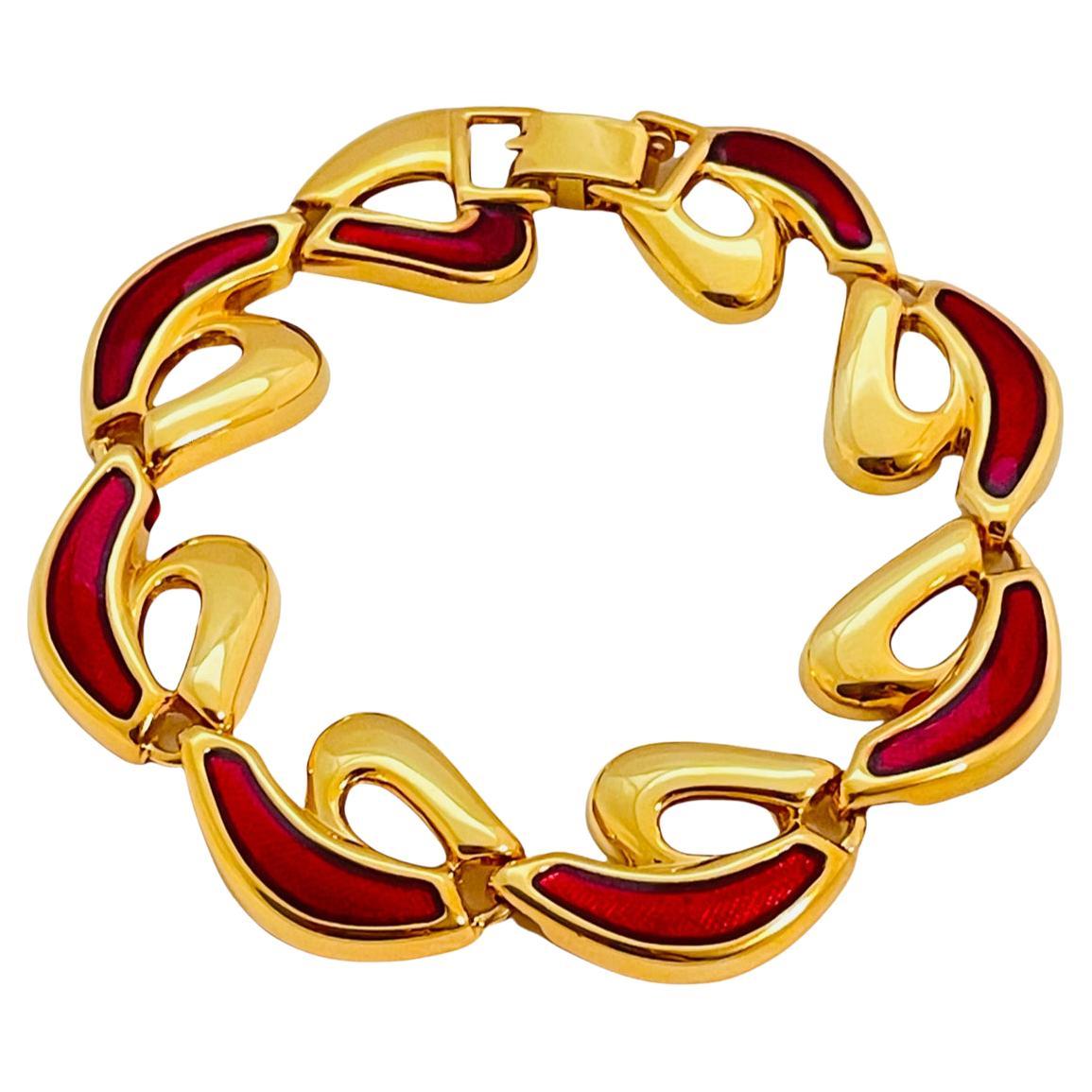 Vintage gold link red enamel bracelet For Sale
