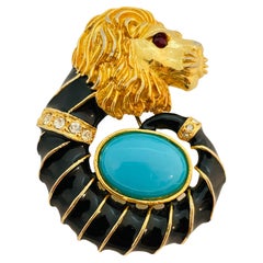Vintage gold lion huge faux turquoise enamel designer runway brooch