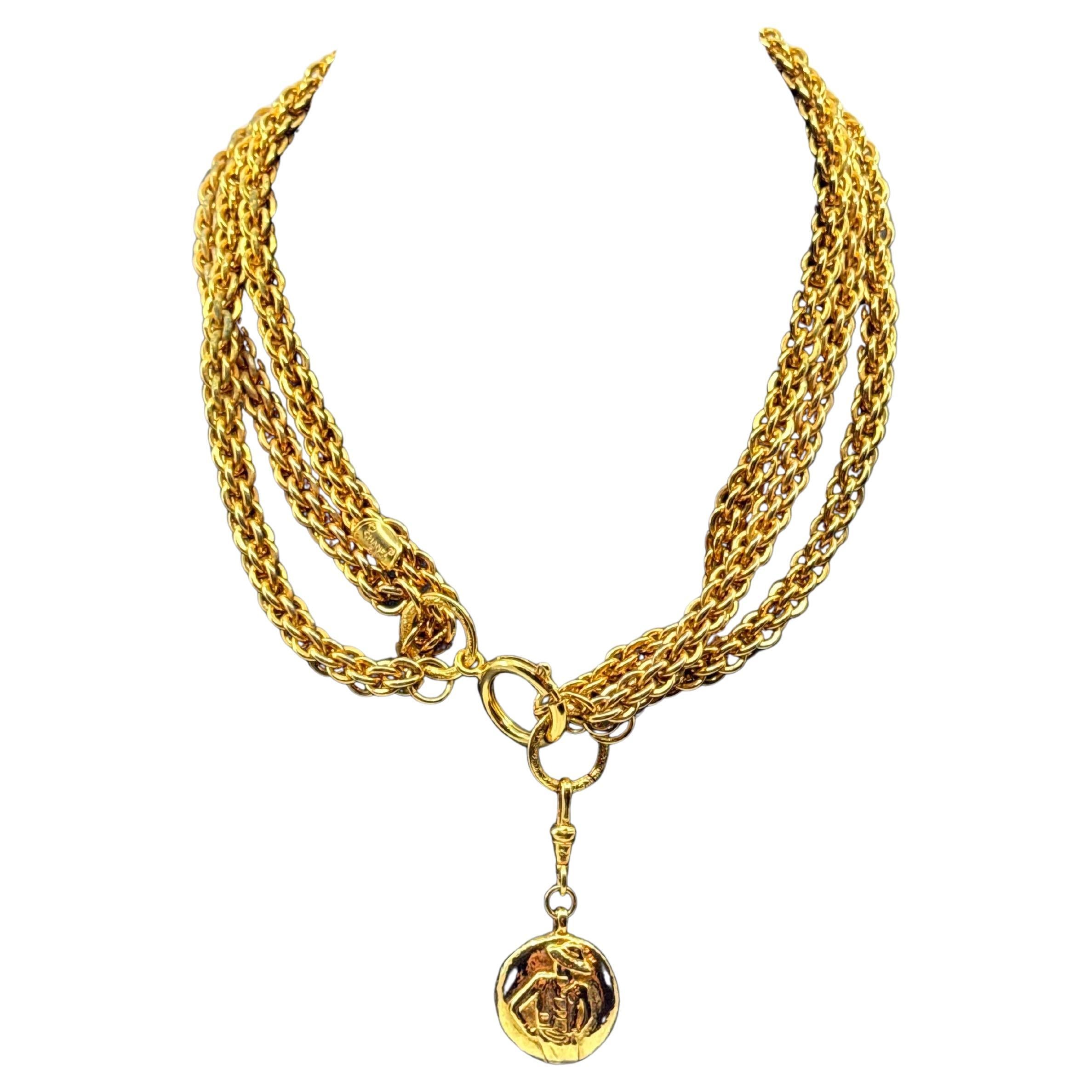 Vintage Gold Mademoiselle "CHANEL" Pendant Multi Strand Chain Collar Necklace