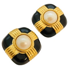 Vintage gold Maltese cross black enamel pearl clip on earrings