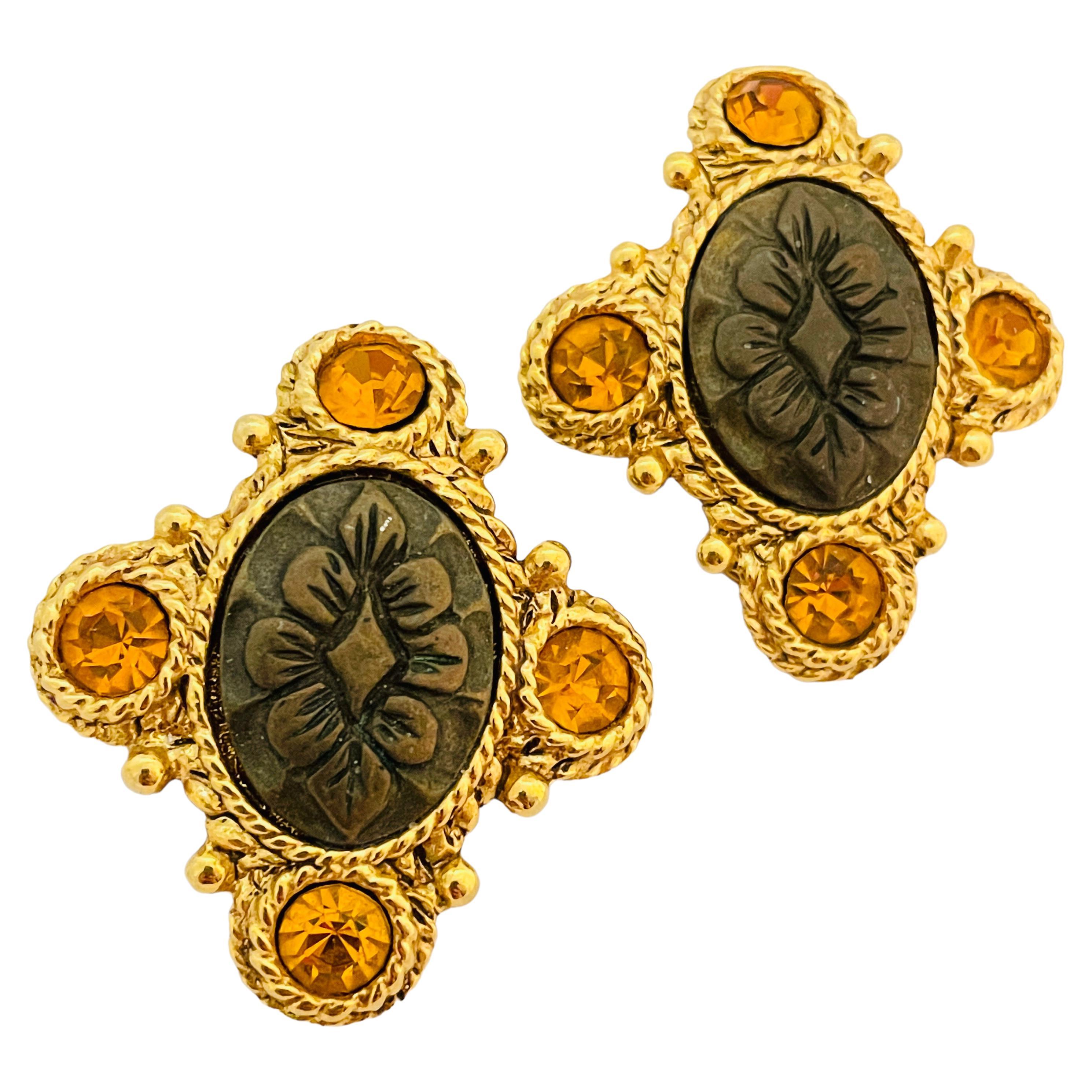 Vintage gold Maltese cross glass designer runway clip on earrings For Sale