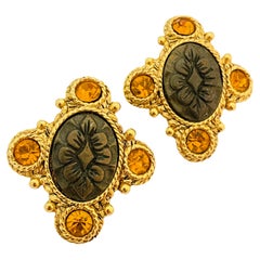 Vintage gold Maltese cross glass designer runway clip on earrings