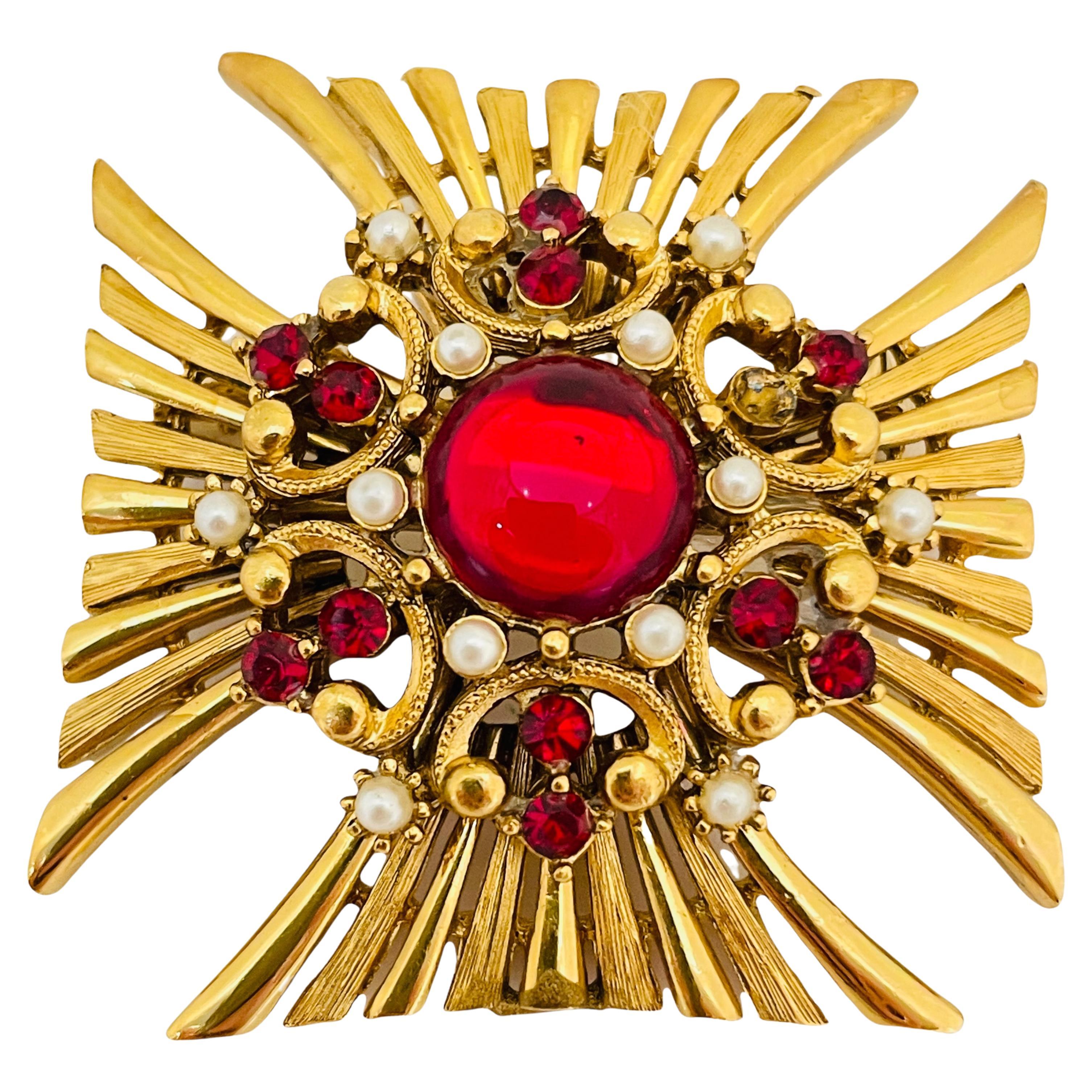 Vintage gold Maltese cross red glass rhinestone pearl designer brooch  For Sale