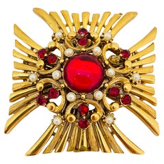 Vintage gold Maltese cross red glass rhinestone pearl designer brooch 
