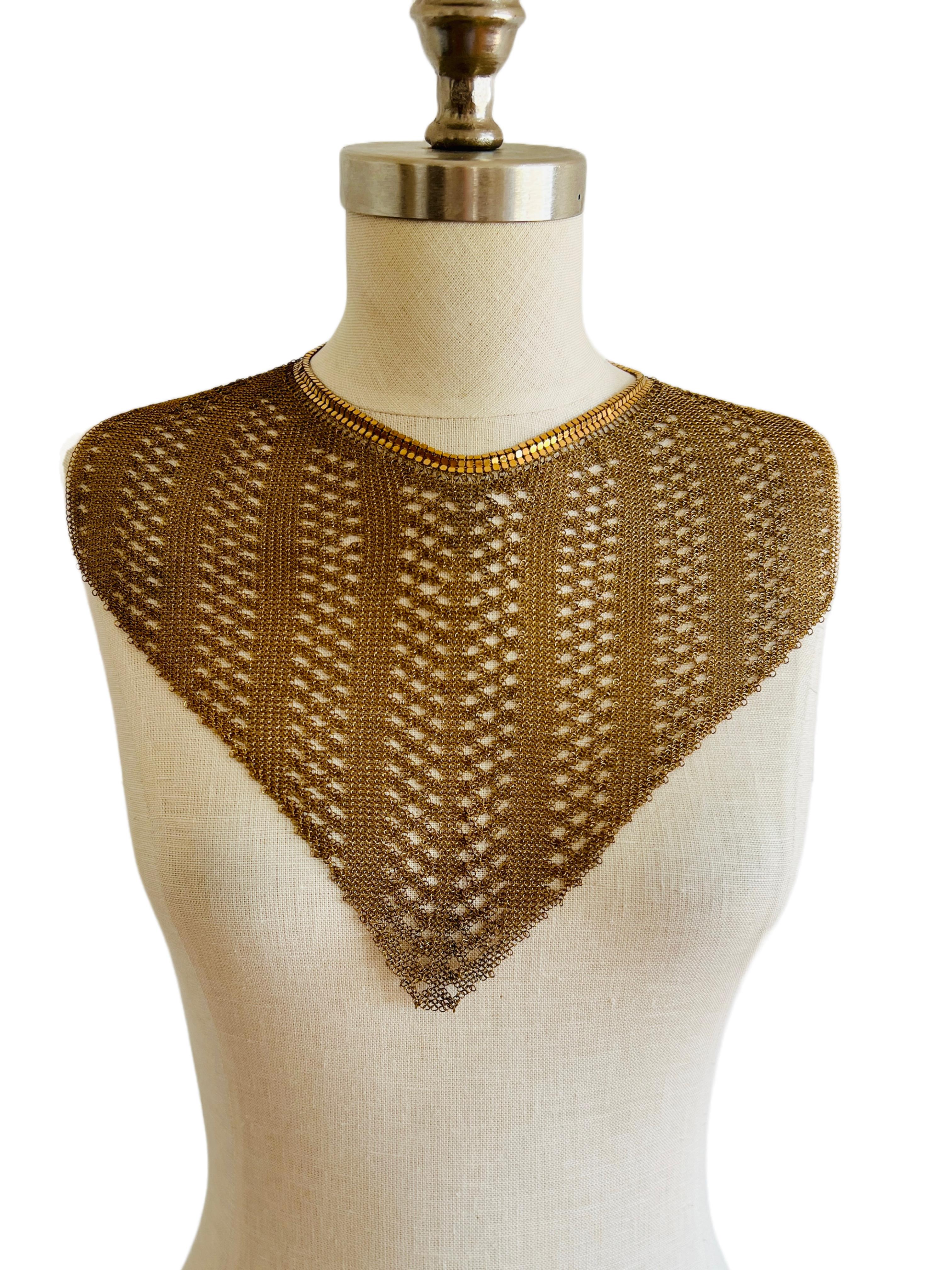Vintage Gold Mesh Bib Choker Collar Shoulder Necklace, Chain Mail Chainmaille  In Good Condition In Sausalito, CA