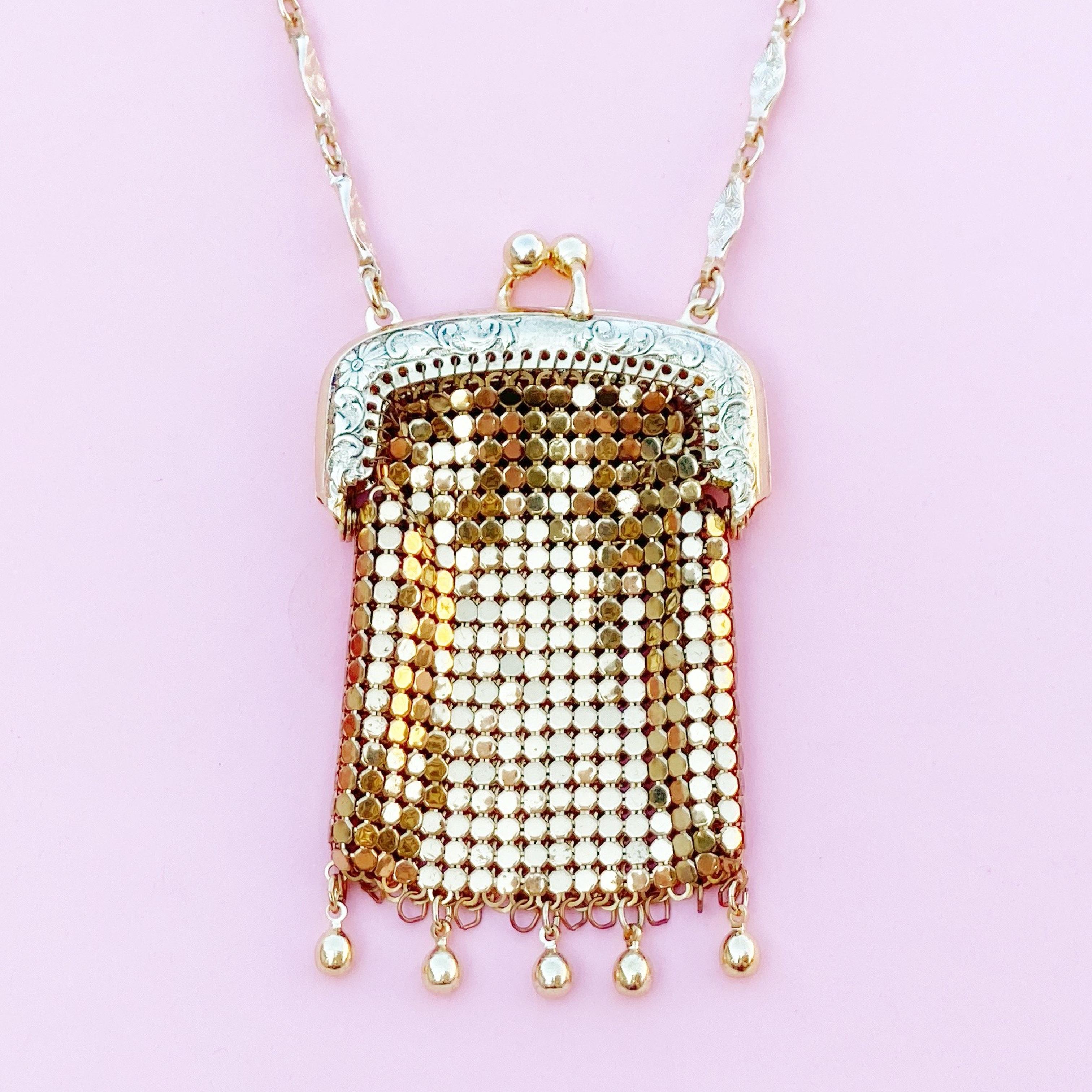 Modern Vintage Gold Mesh Pouch Necklace by Whiting & Davis, 1960s