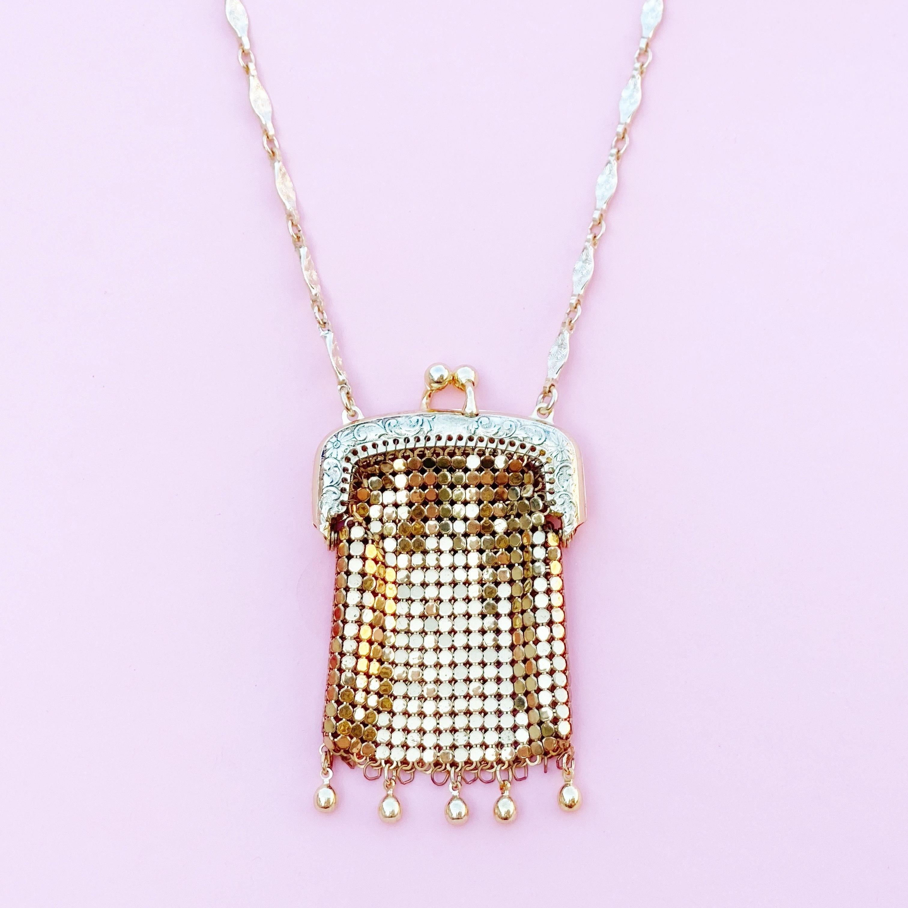 Vintage Gold Mesh Pouch Necklace by Whiting & Davis, 1960s In Excellent Condition In McKinney, TX