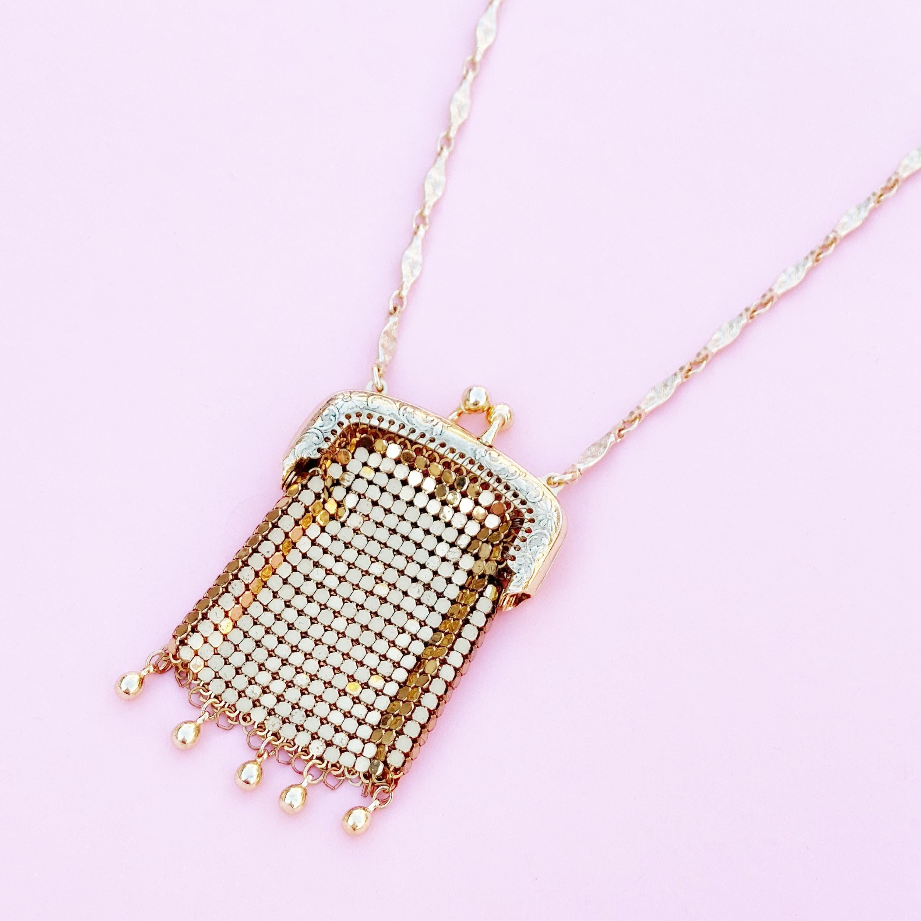 Vintage Gold Mesh Pouch Necklace by Whiting & Davis, 1960s 1