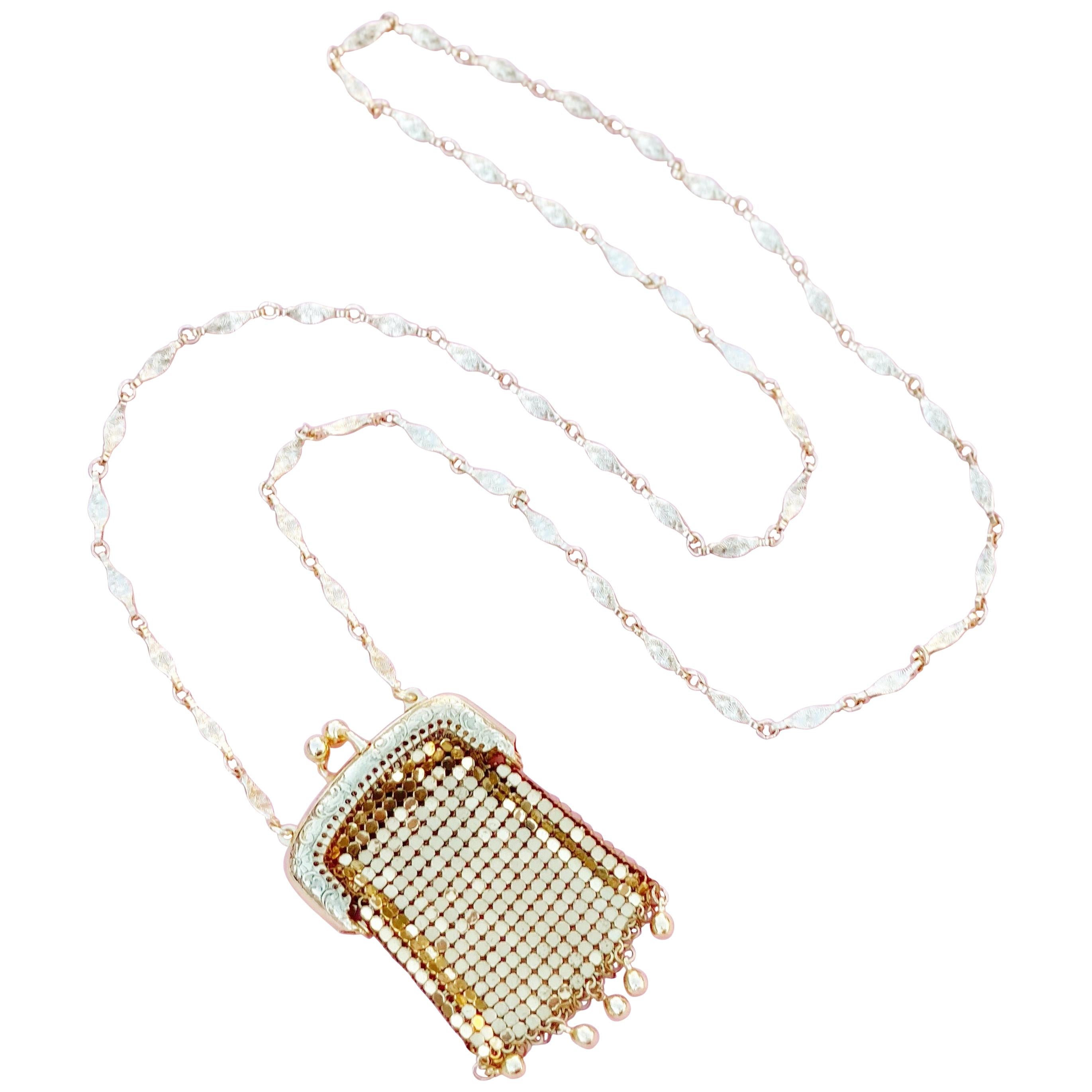 Vintage Gold Mesh Pouch Necklace by Whiting & Davis, 1960s