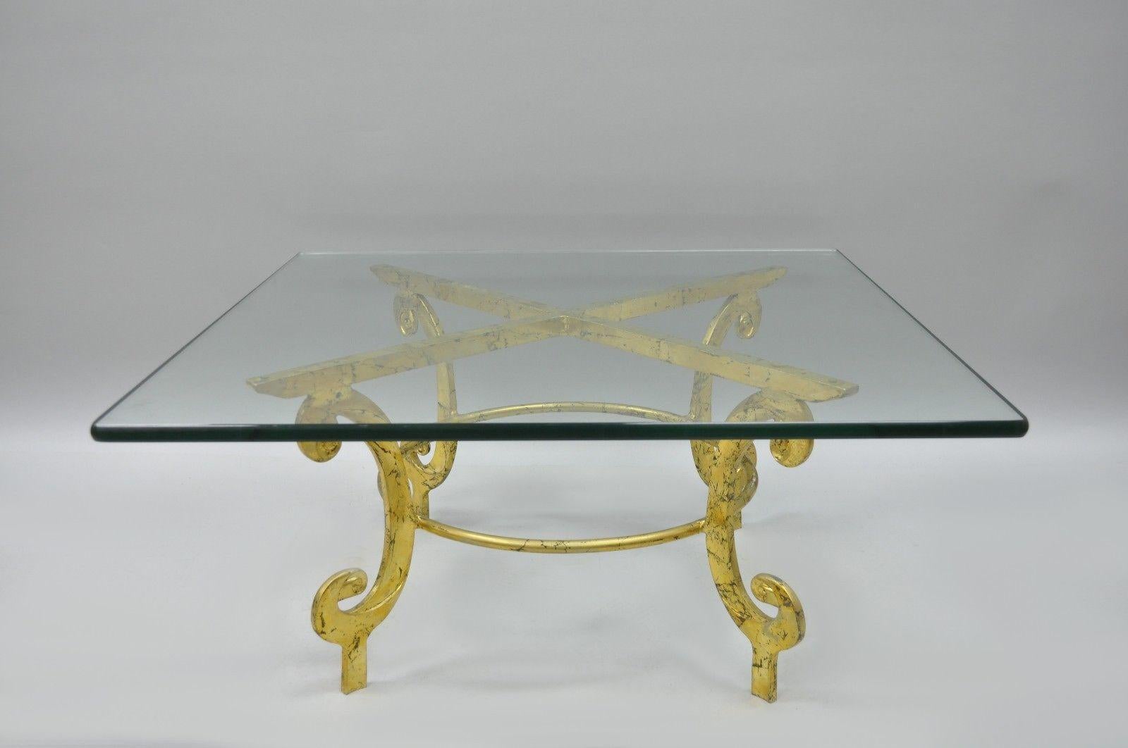 Vintage Gold Metal and Glass Italian Hollywood Regency Scrolling Coffee Table For Sale 1