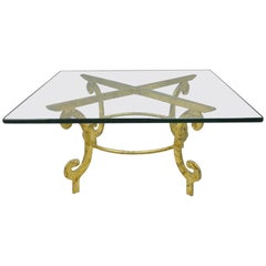 Vintage Gold Metal and Glass Italian Hollywood Regency Scrolling Coffee Table