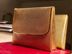 Vintage Gold Metal Clutch Mirror and Red Upholstery Purse, Mid-Century Modern