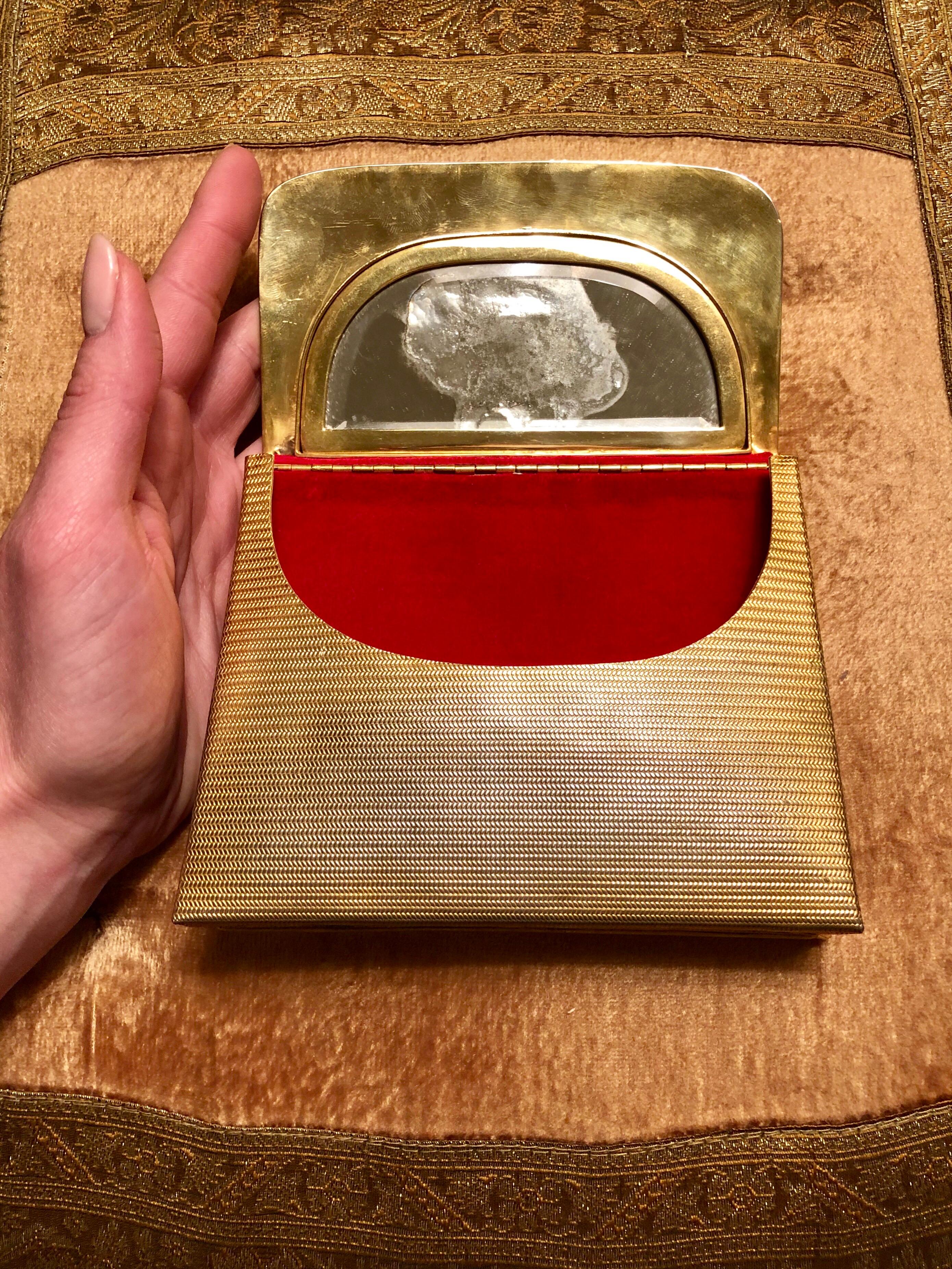 Vintage Gold Metal Clutch Mirror and Red Upholstery Purse, Mid-Century Modern  1