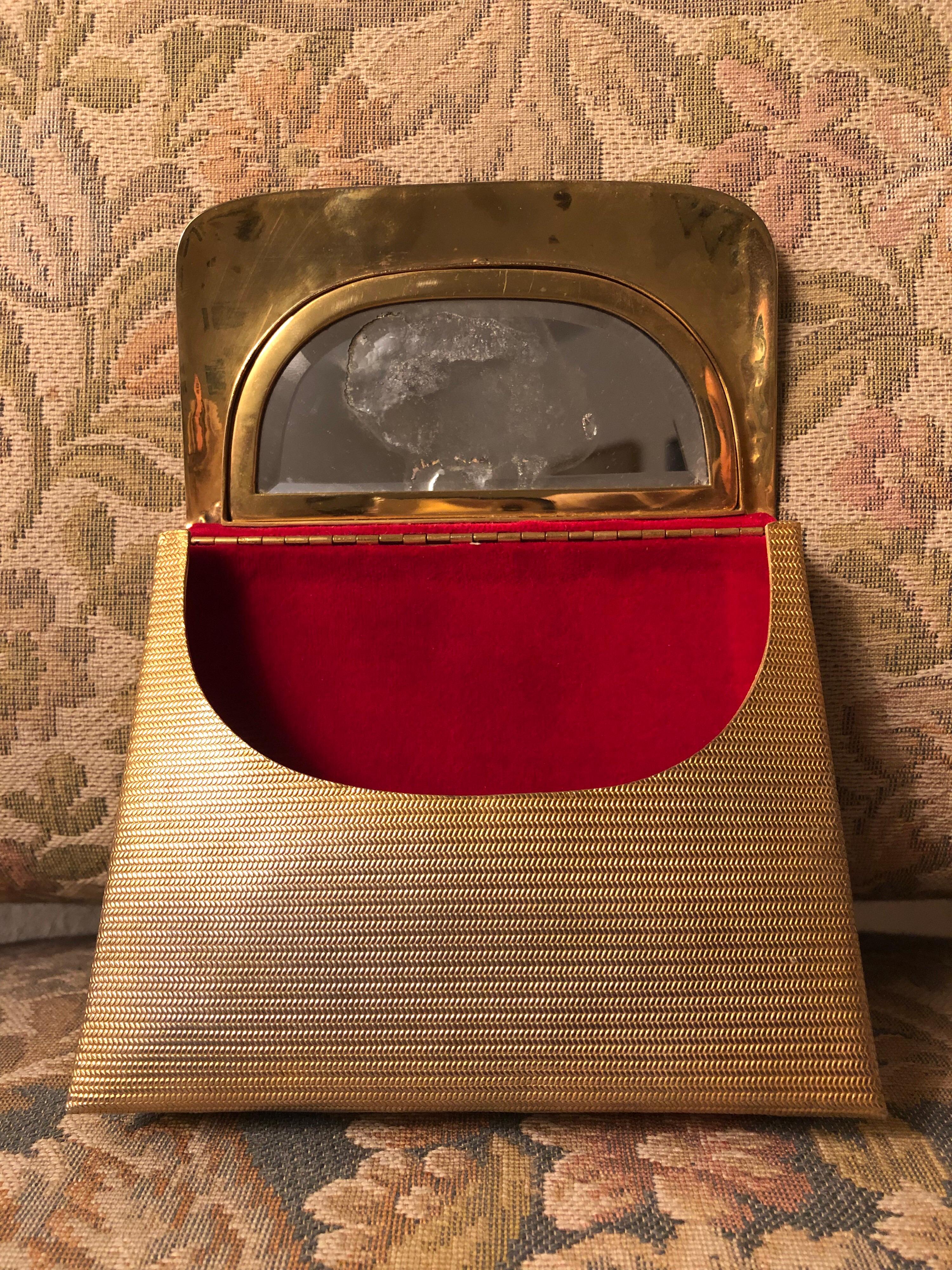 Vintage Gold Metal Clutch Mirror and Red Upholstery Purse, Mid-Century Modern  3