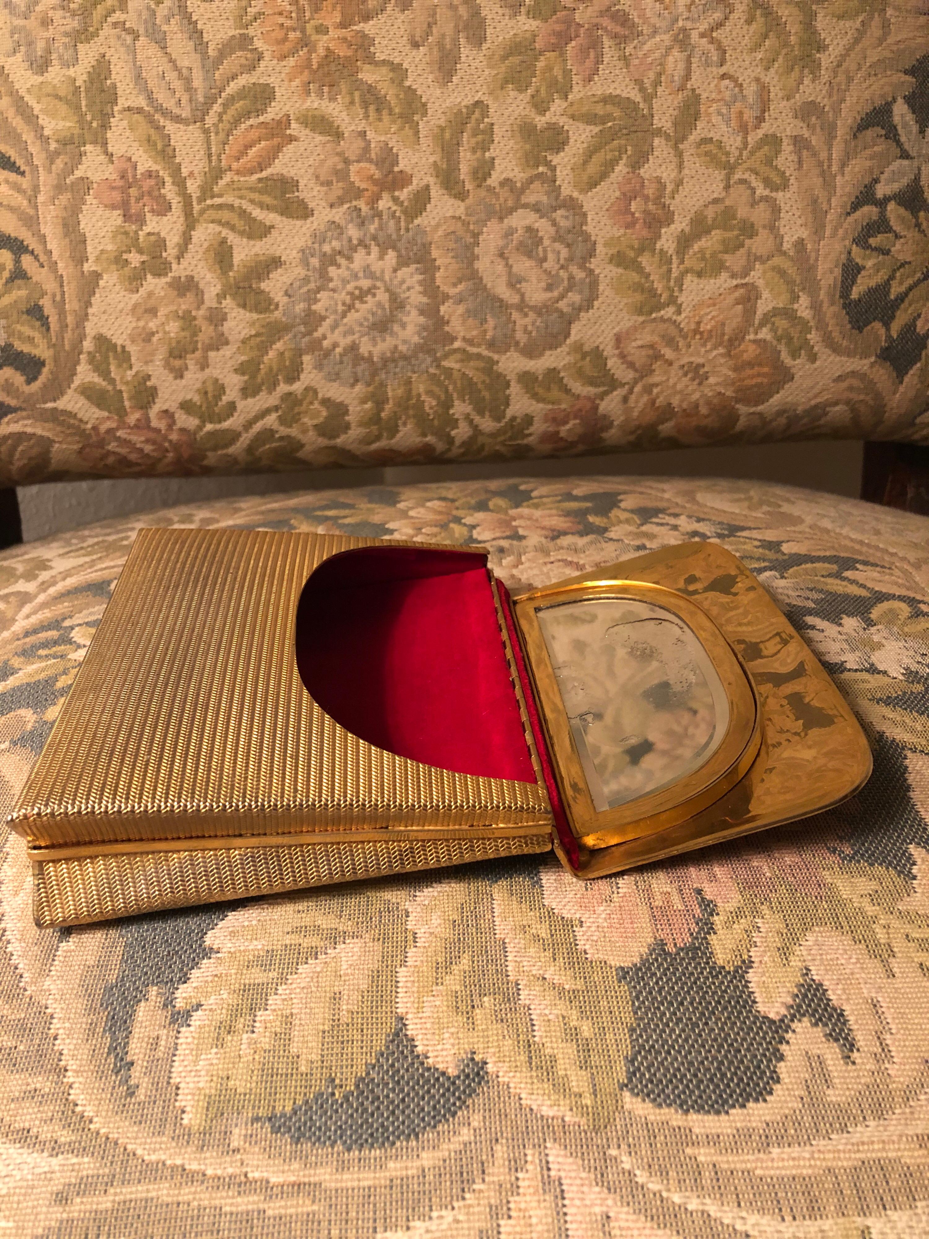 Vintage Gold Metal Clutch Mirror and Red Upholstery Purse, Mid-Century Modern  4