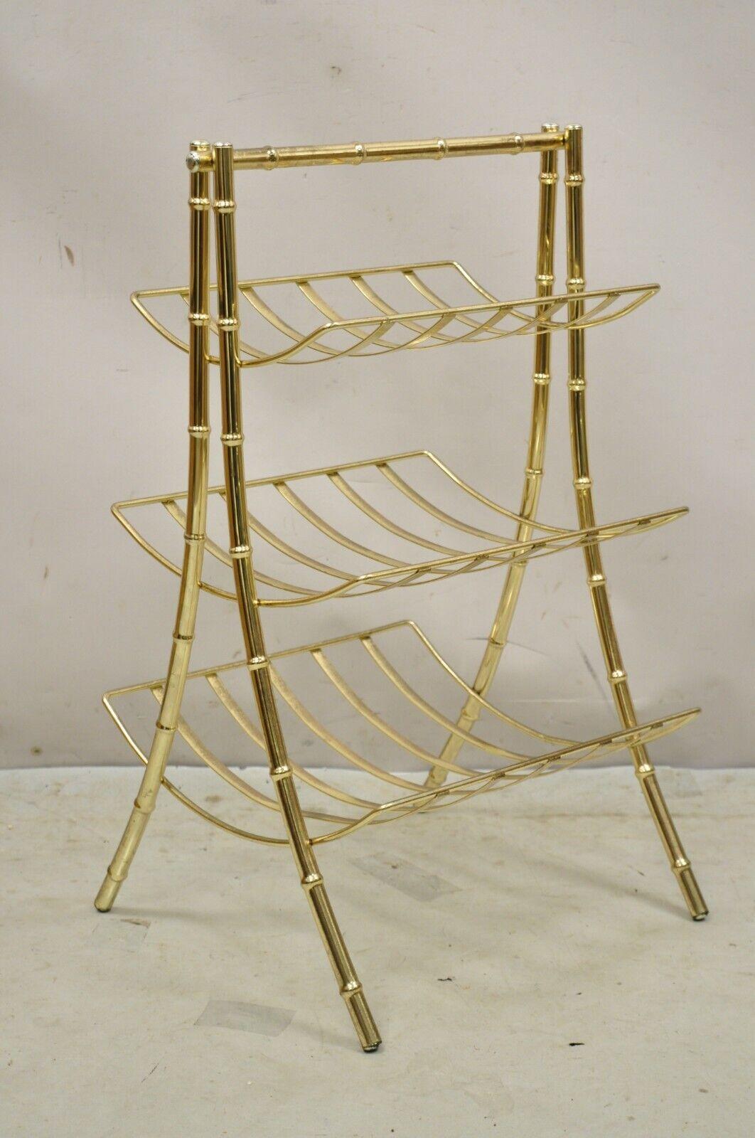 Vintage Gold Metal Faux Bamboo 3 Tier Hollywood Regency Magazine Rack Stand For Sale 3